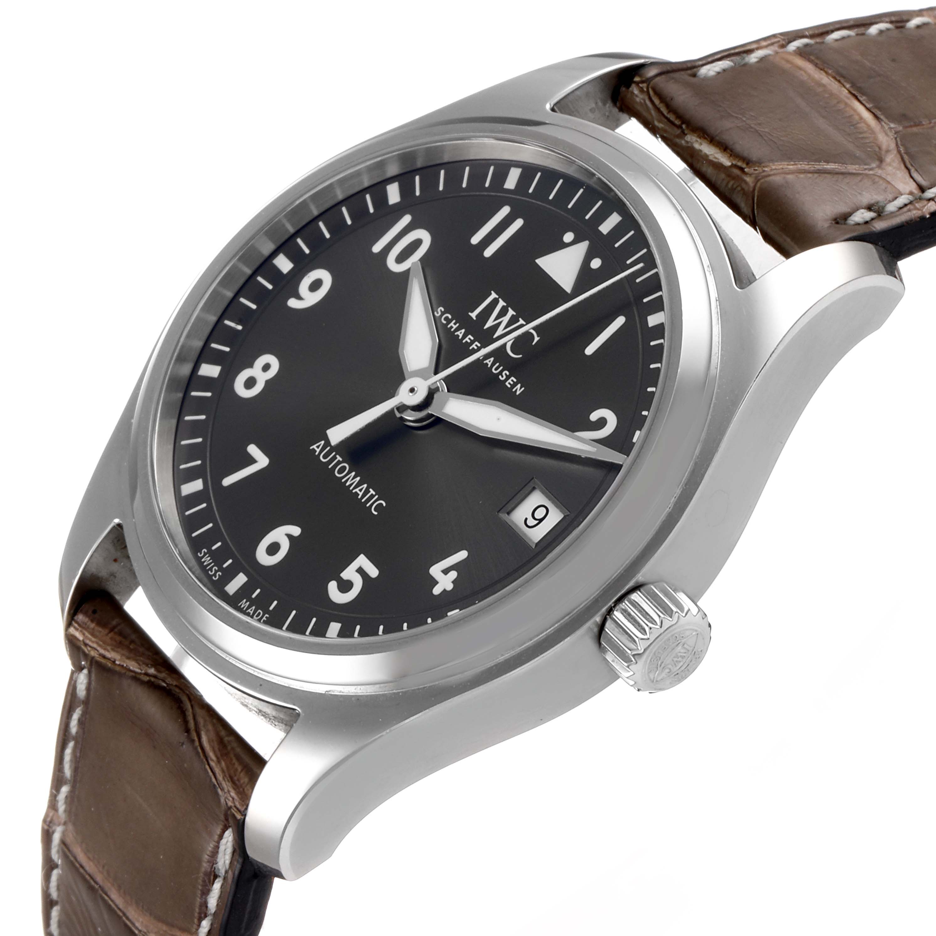 The image shows a close-up angle of the IWC Pilot IW324001 Men's Stainless Steel Grey Dial IW324001 Men's Stainless Steel Grey Dial watch model, highlighting the dial, crown, and strap.