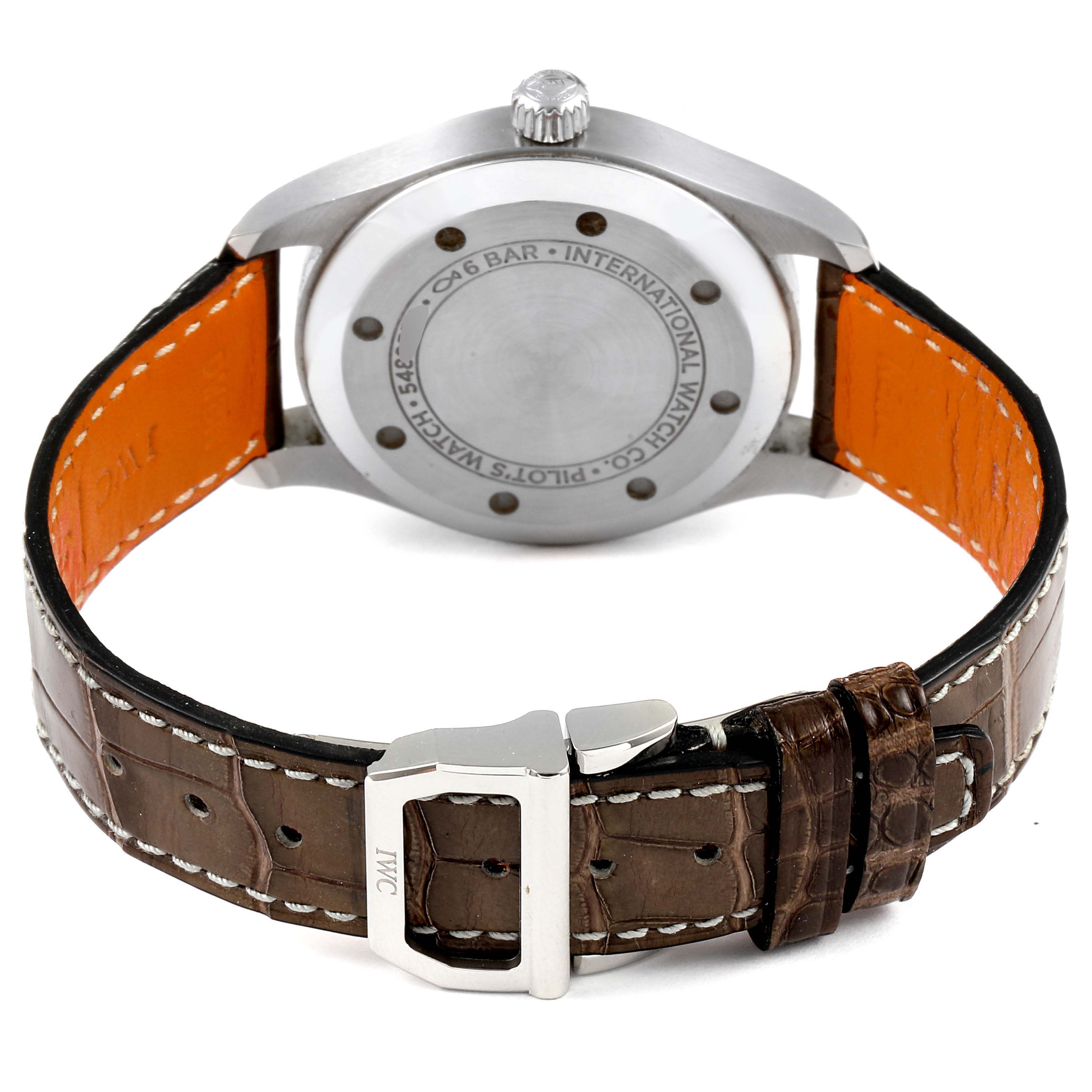 The image shows the back side of the IWC Pilot IW324001 Men's Stainless Steel Grey Dial IW324001 Men's Stainless Steel Grey Dial watch, including the case back, crown, and leather strap with the buckle.