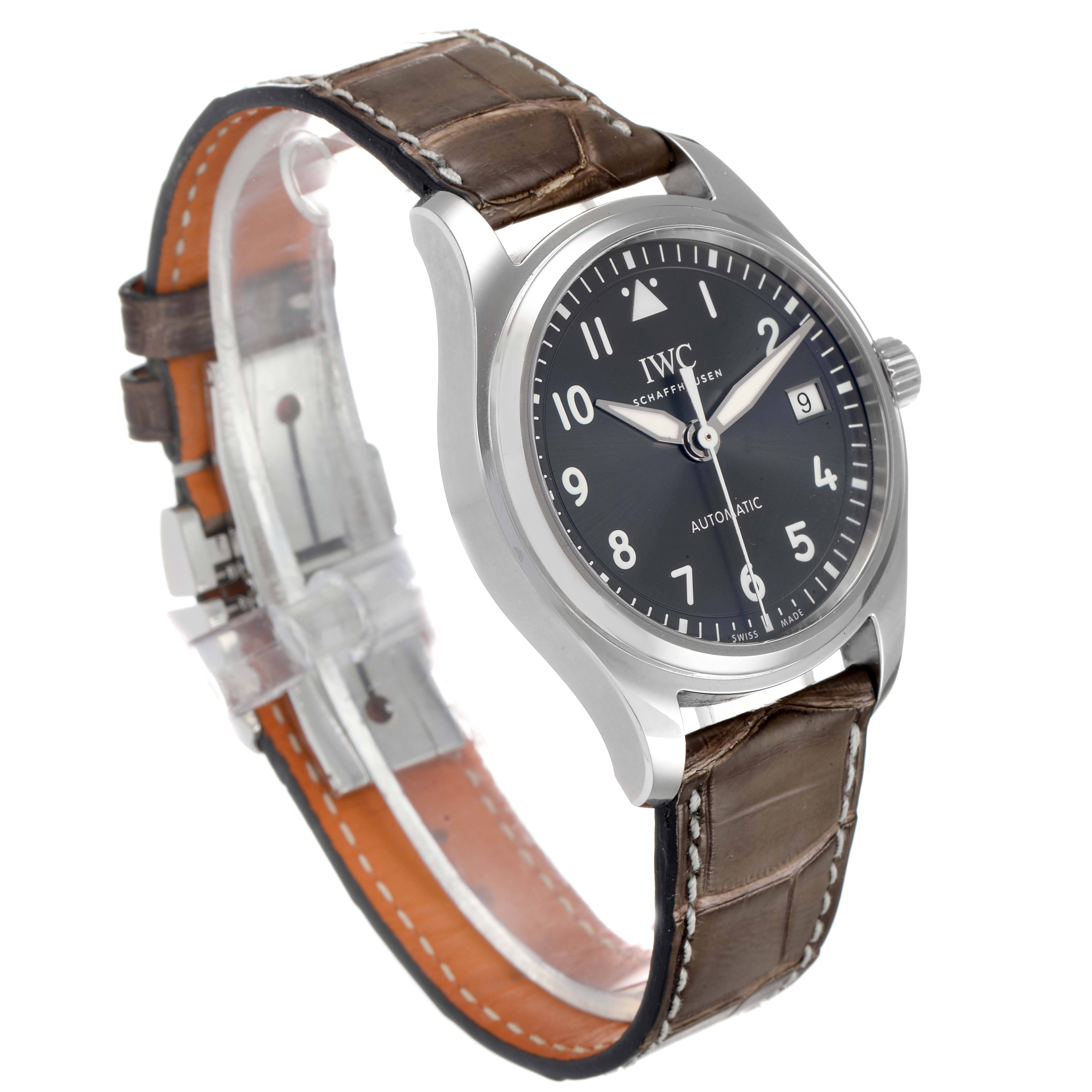 The IWC Pilot IW324001 Men's Stainless Steel Grey Dial IW324001 Men's Stainless Steel Grey Dial model watch is shown at a three-quarter angle, displaying the face, bezel, crown, and leather strap.