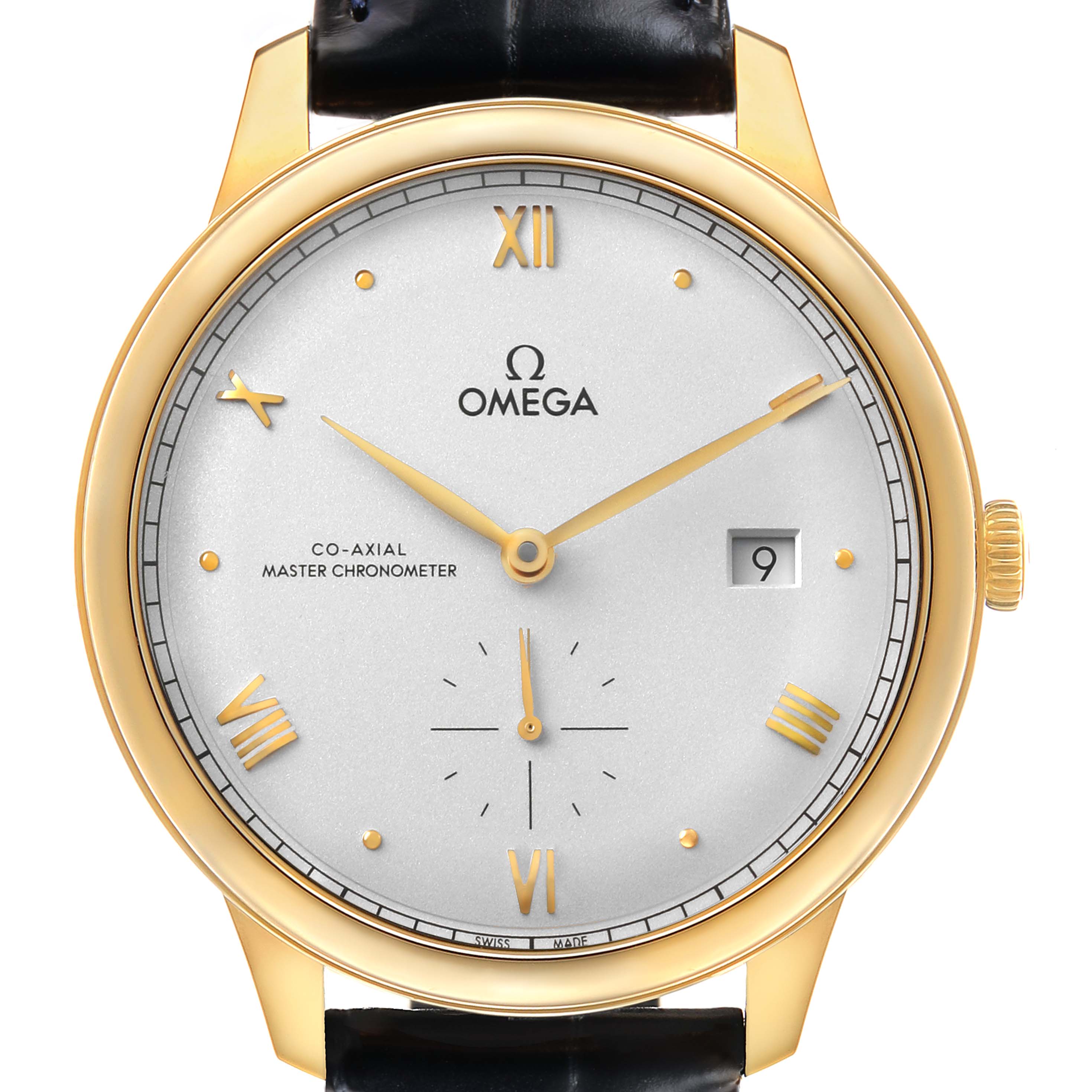 The Omega De Ville 434.53.41.20.02.001 Men's Yellow Gold Silver Dial watch is shown from a front angle, highlighting the dial, hands, date window, and gold case.