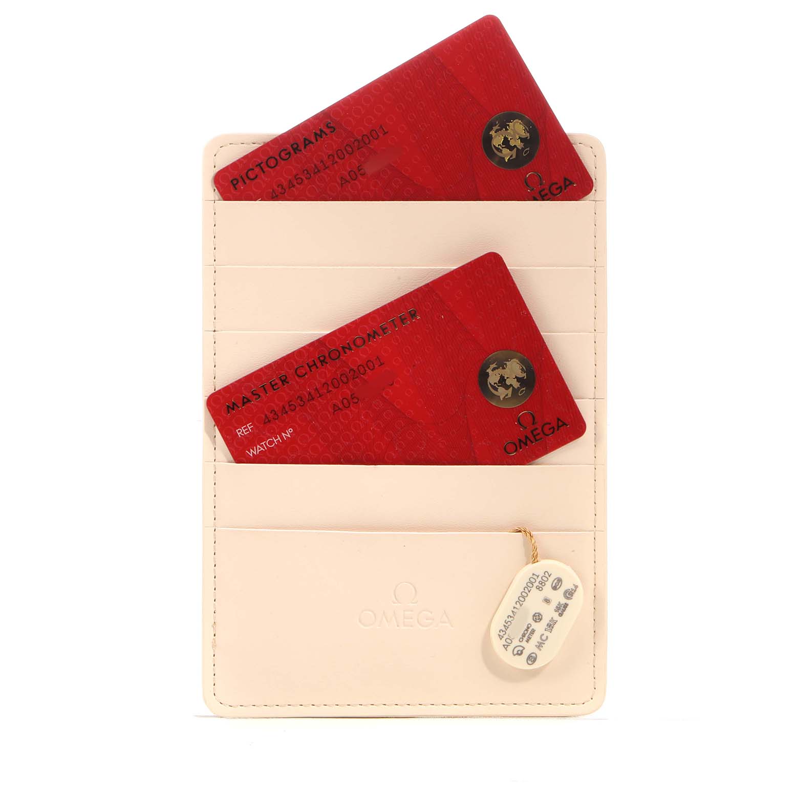 The image shows Omega De Ville 434.53.41.20.02.001 Men's Yellow Gold Silver Dial watch accessories including a beige cardholder with two red cards and a white tag.