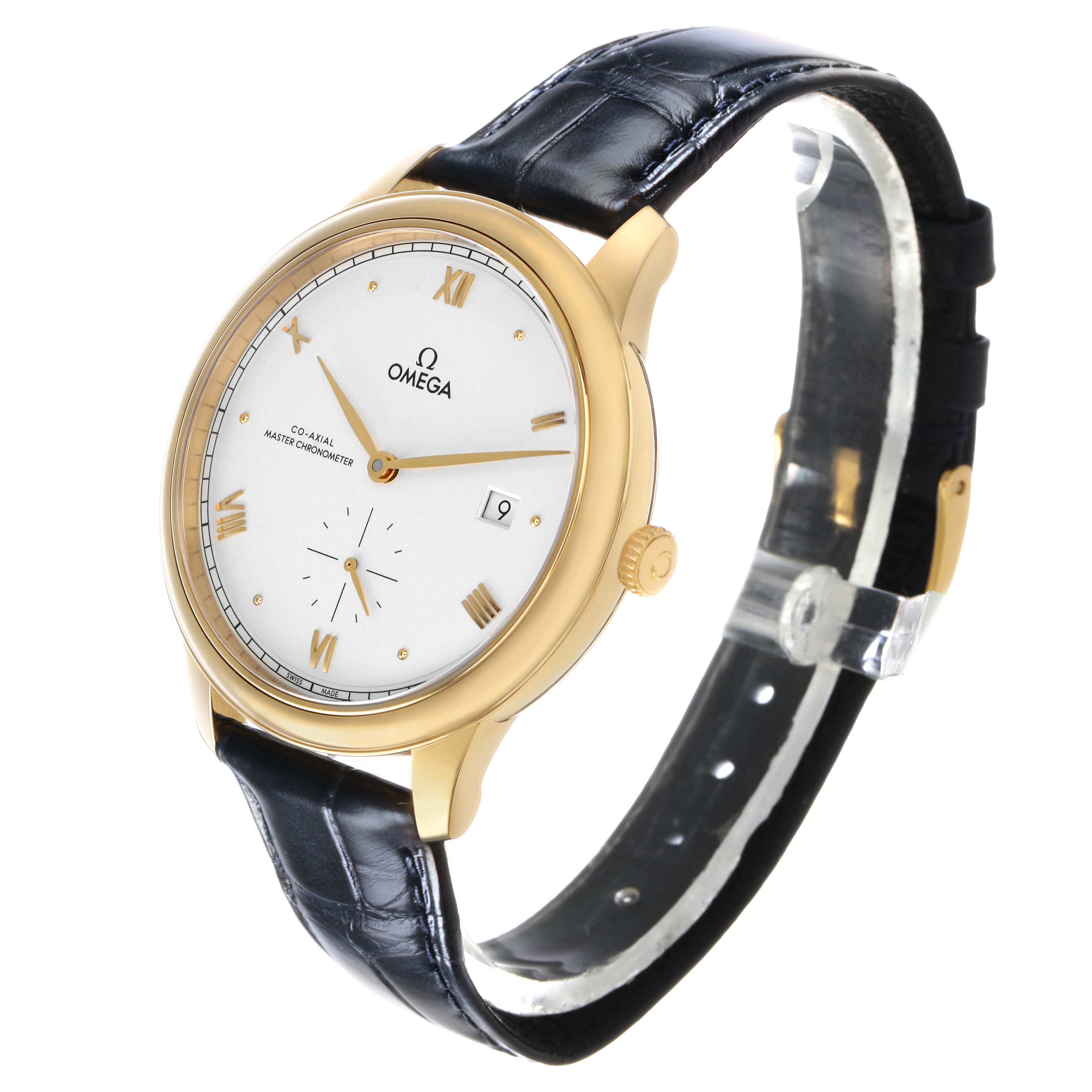 The Omega De Ville 434.53.41.20.02.001 Men's Yellow Gold Silver Dial watch is shown at a side angle, displaying the dial, crown, and part of the leather strap.