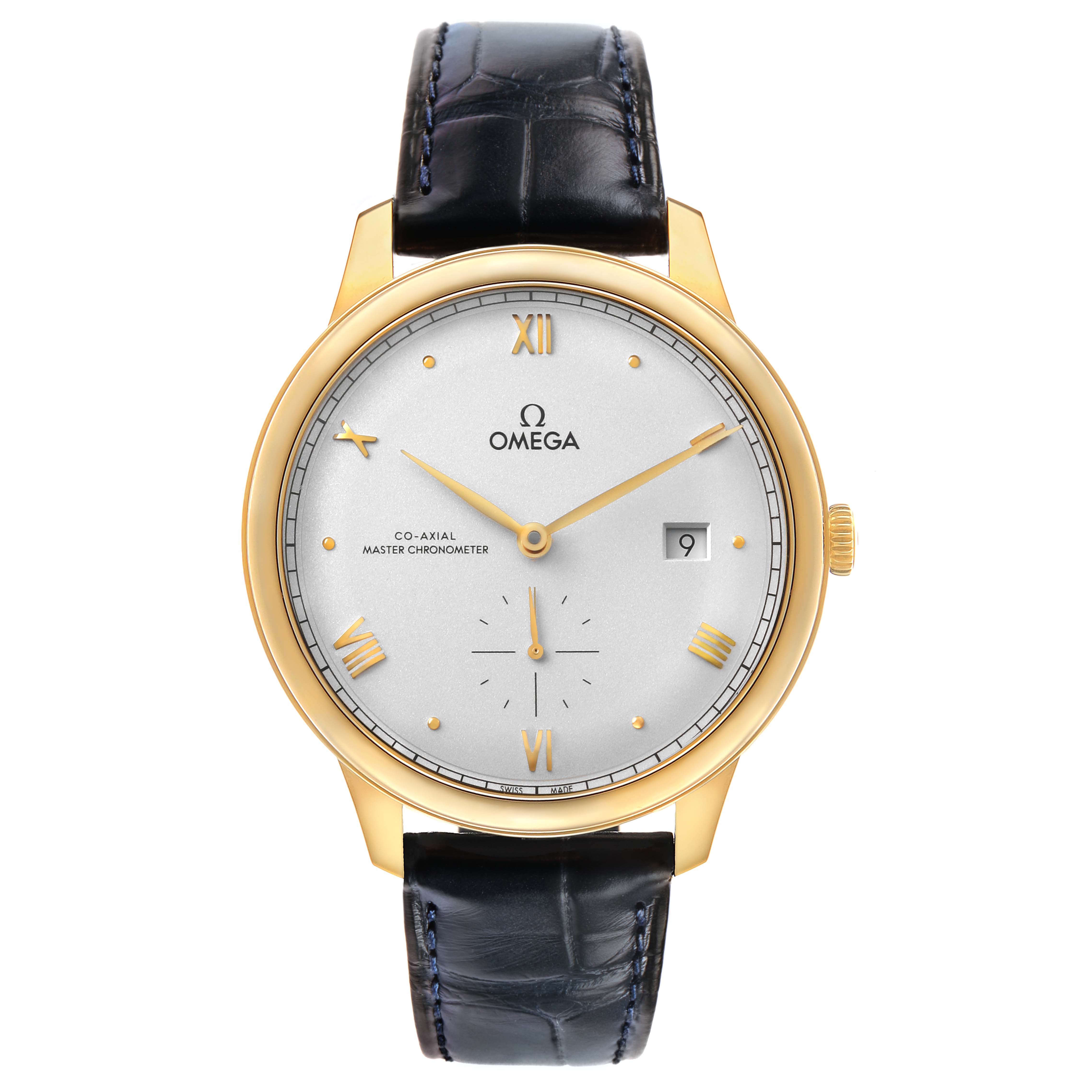 The Omega De Ville 434.53.41.20.02.001 Men's Yellow Gold Silver Dial watch is shown from the front, displaying its gold case, white dial, and black strap.