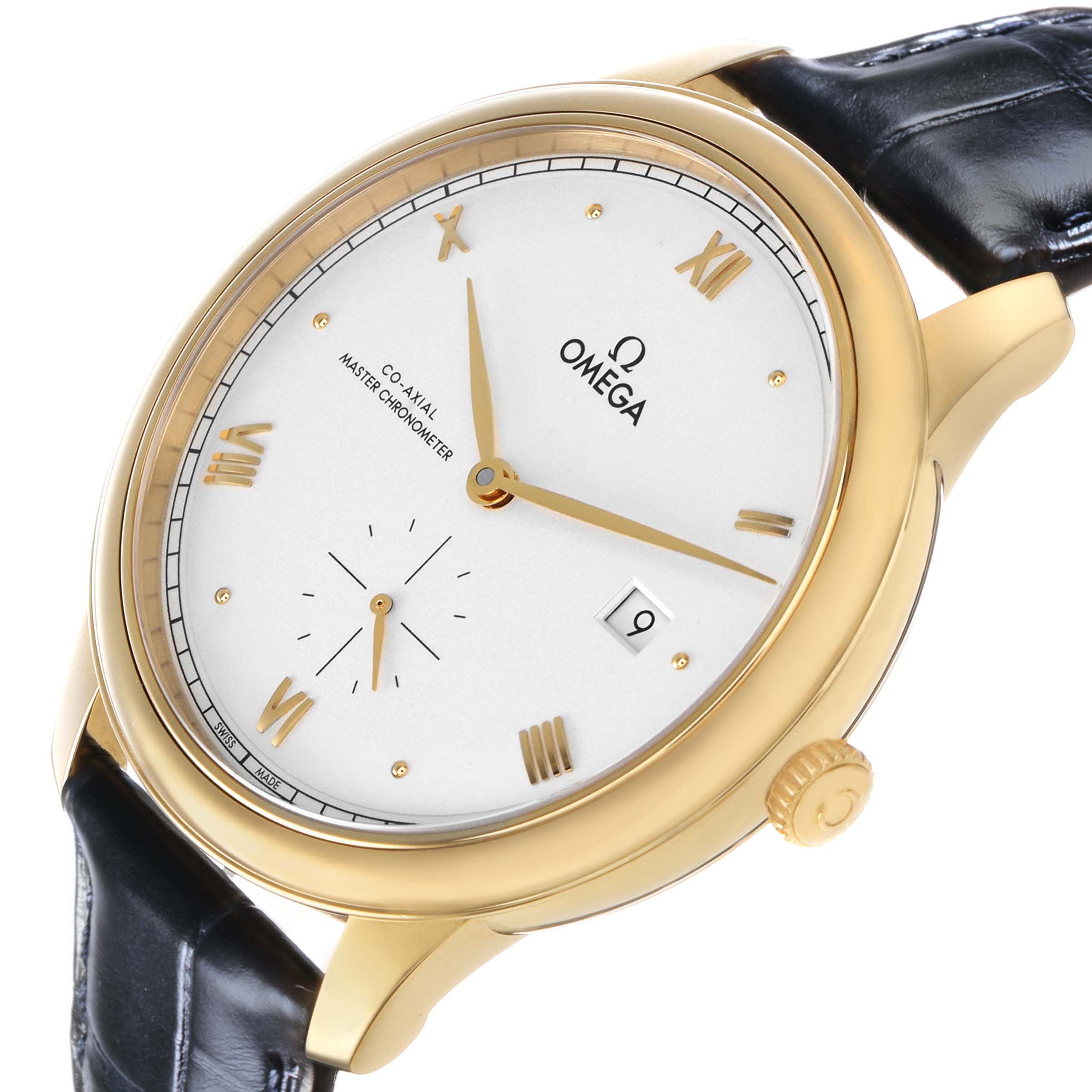 The Omega De Ville 434.53.41.20.02.001 Men's Yellow Gold Silver Dial watch is shown at an angled view, highlighting the dial, gold case, crown, and black leather strap.
