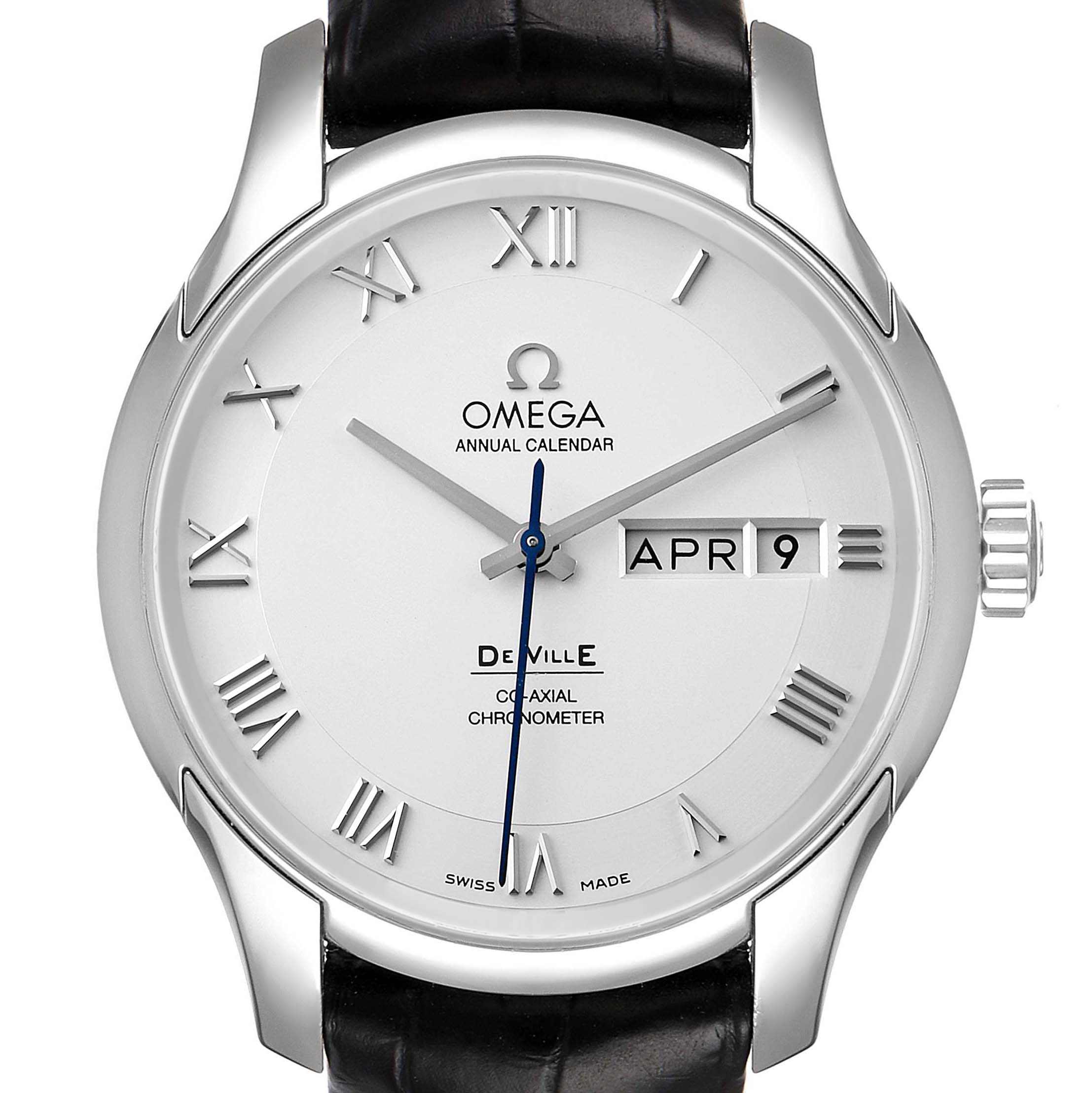 The image shows the front face of an Omega De Ville 431.13.41.22.02.001 Men's Stainless Steel Silver Dial 431.13.41.22.02.001 Men's Stainless Steel Silver Dial watch, featuring the dial, hands, date, and calendar.
