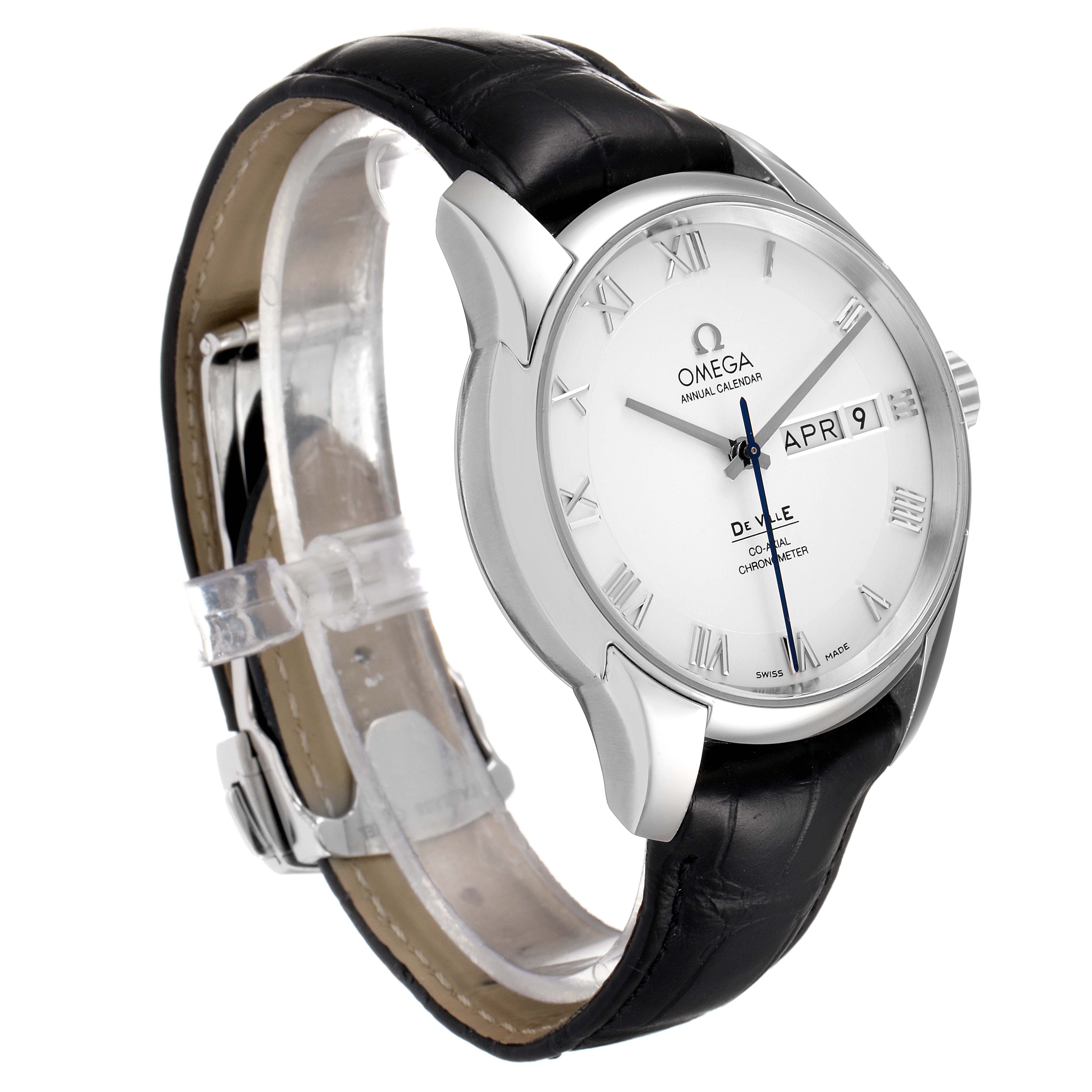 The Omega De Ville 431.13.41.22.02.001 Men's Stainless Steel Silver Dial 431.13.41.22.02.001 Men's Stainless Steel Silver Dial watch is shown at a side angle, displaying the face, Roman numerals, date window, and black leather strap.