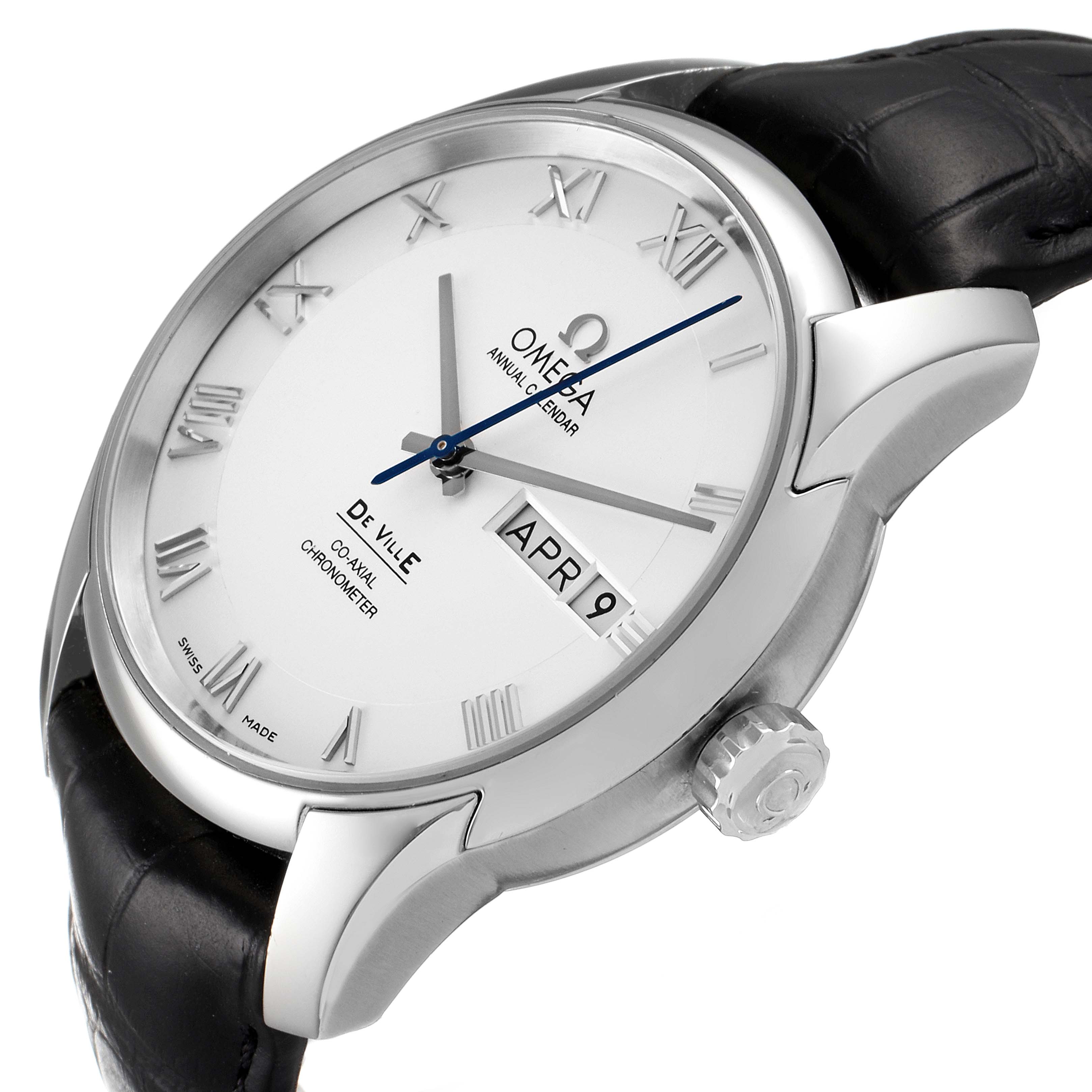 The Omega De Ville 431.13.41.22.02.001 Men's Stainless Steel Silver Dial 431.13.41.22.02.001 Men's Stainless Steel Silver Dial watch is shown from a slightly tilted angle, highlighting the dial, date display, crown, and leather strap.