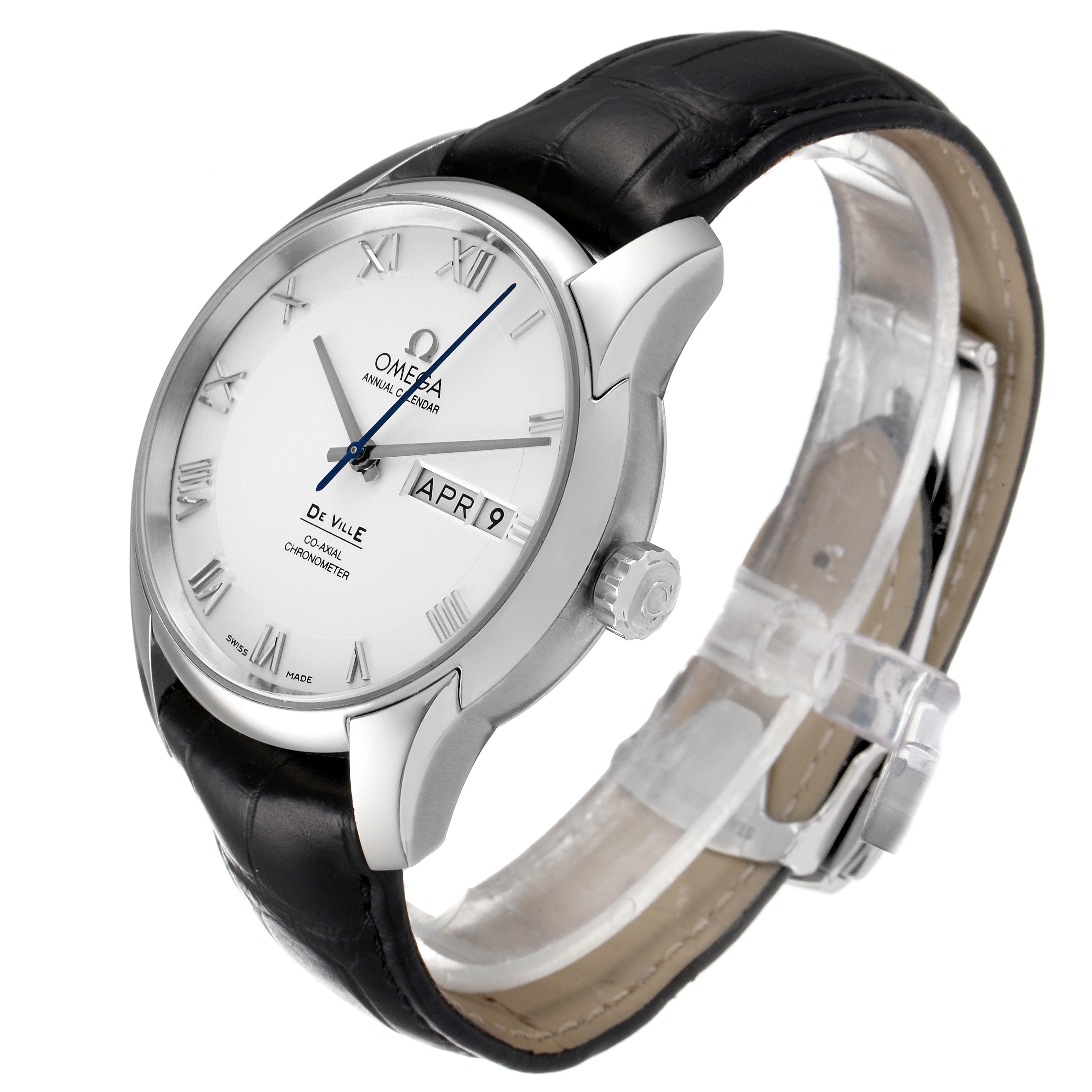 This image shows an angled view of an Omega De Ville 431.13.41.22.02.001 Men's Stainless Steel Silver Dial 431.13.41.22.02.001 Men's Stainless Steel Silver Dial watch, highlighting its face, crown, and leather strap.