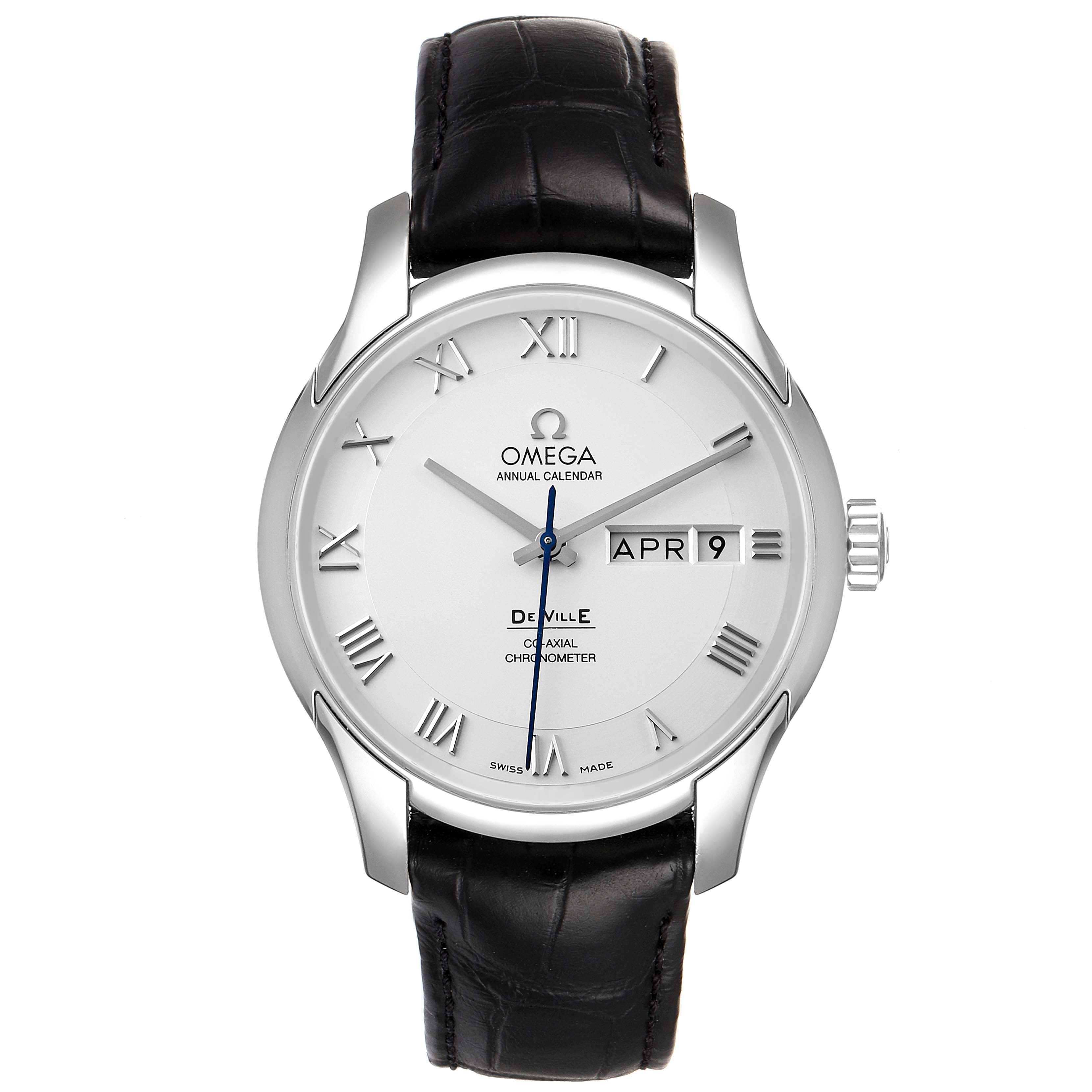 This image shows a front view of the Omega De Ville 431.13.41.22.02.001 Men's Stainless Steel Silver Dial 431.13.41.22.02.001 Men's Stainless Steel Silver Dial watch, highlighting its face, bezel, and leather strap.