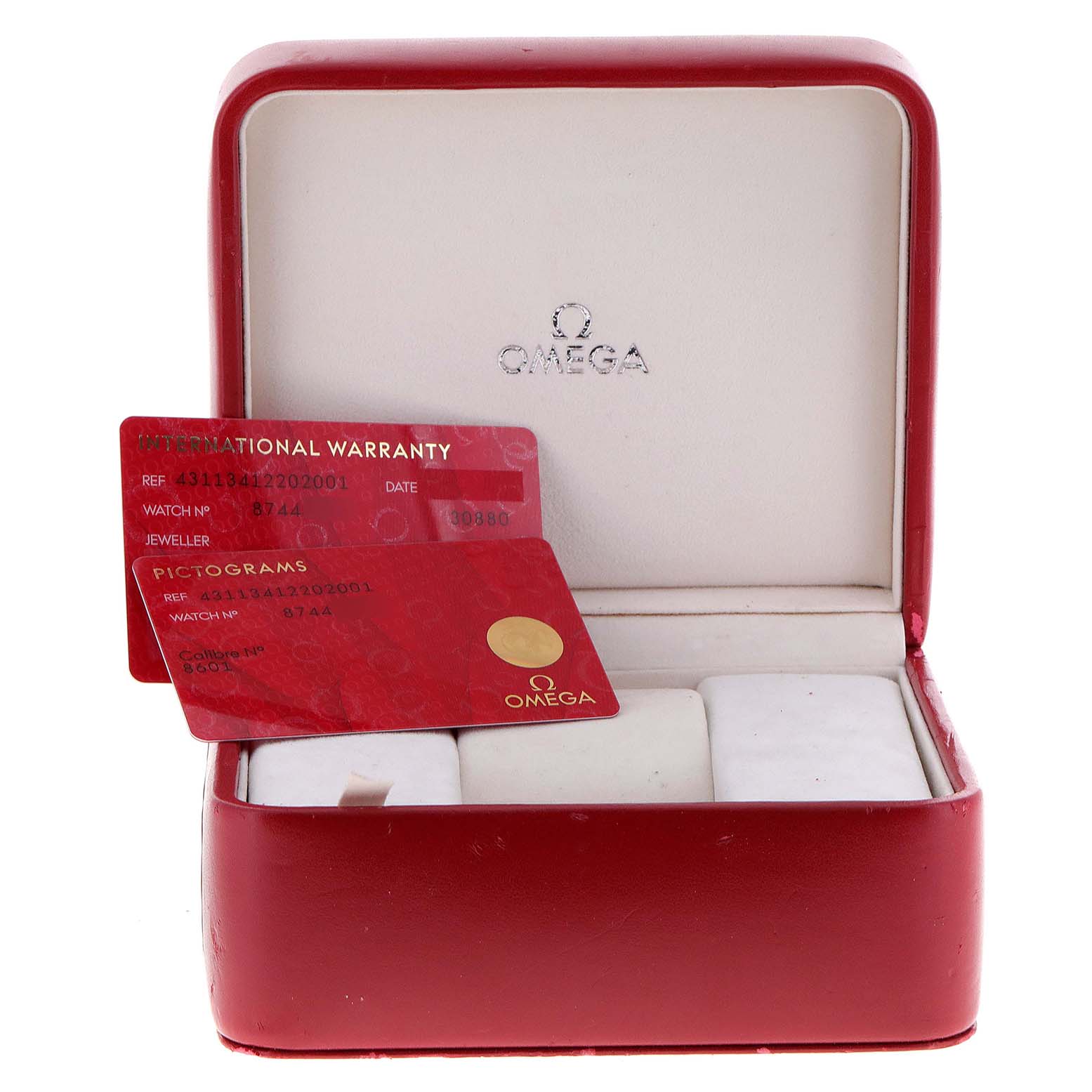 The image shows an Omega De Ville 431.13.41.22.02.001 Men's Stainless Steel Silver Dial 431.13.41.22.02.001 Men's Stainless Steel Silver Dial watch box with warranty and pictogram cards inside.