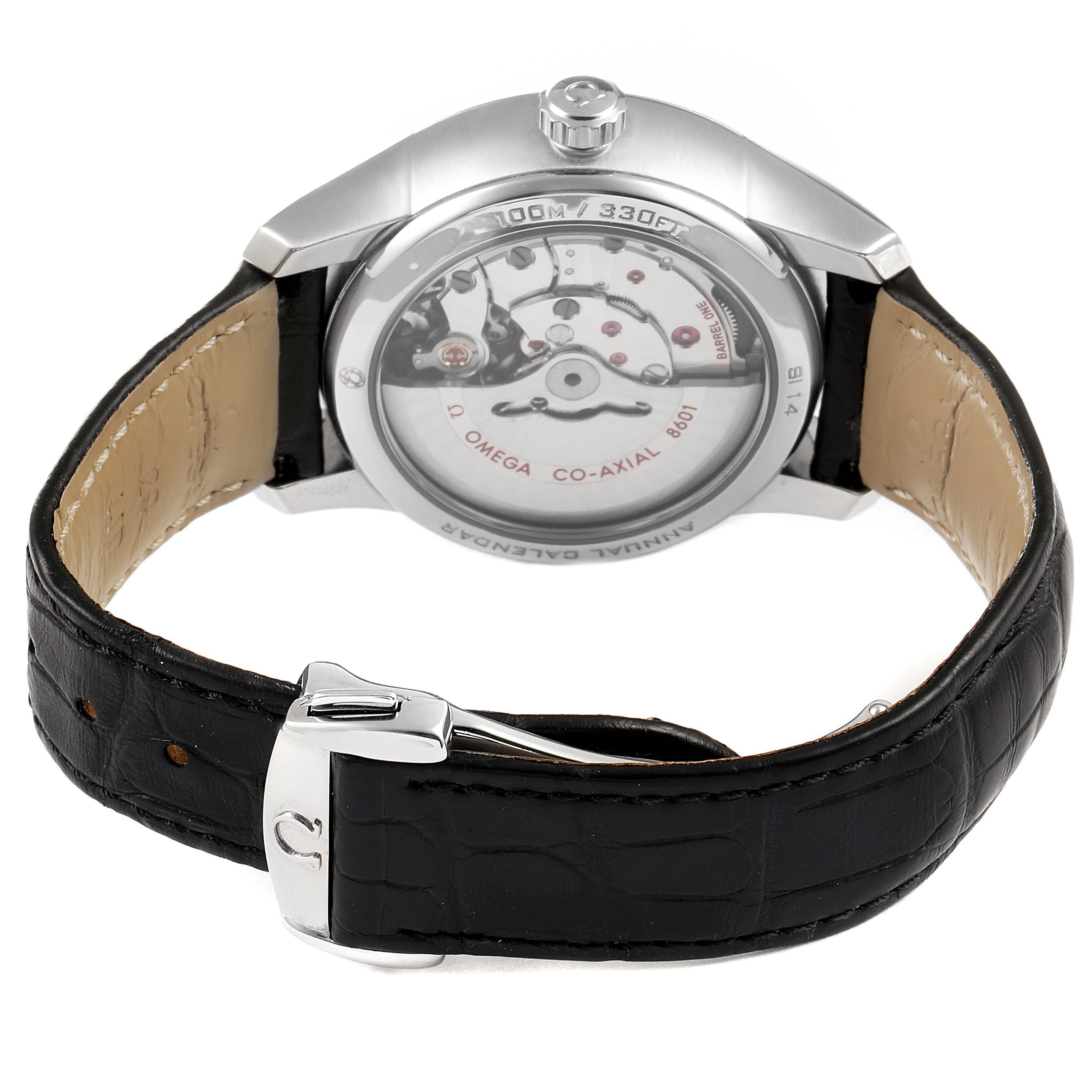 This image shows the back view of the Omega De Ville 431.13.41.22.02.001 Men's Stainless Steel Silver Dial 431.13.41.22.02.001 Men's Stainless Steel Silver Dial watch, highlighting its black leather strap and visible internal mechanism.