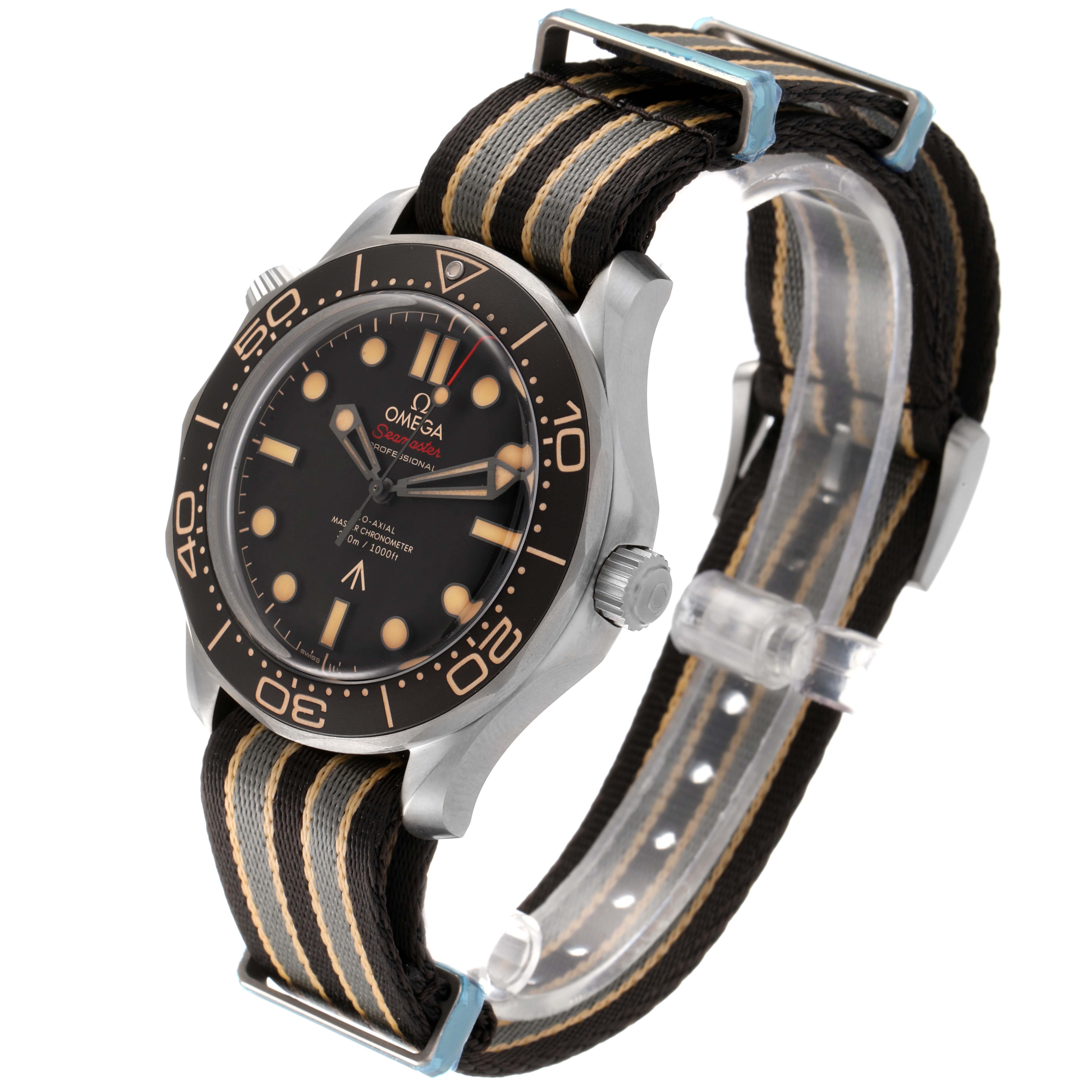 The Omega Seamaster 210.92.42.20.01.001 Men's Titanium Brown Dial 210.92.42.20.01.001 Men's Titanium Brown Dial watch is shown at a slight side angle, highlighting its face, bezel, crown, and striped NATO strap.