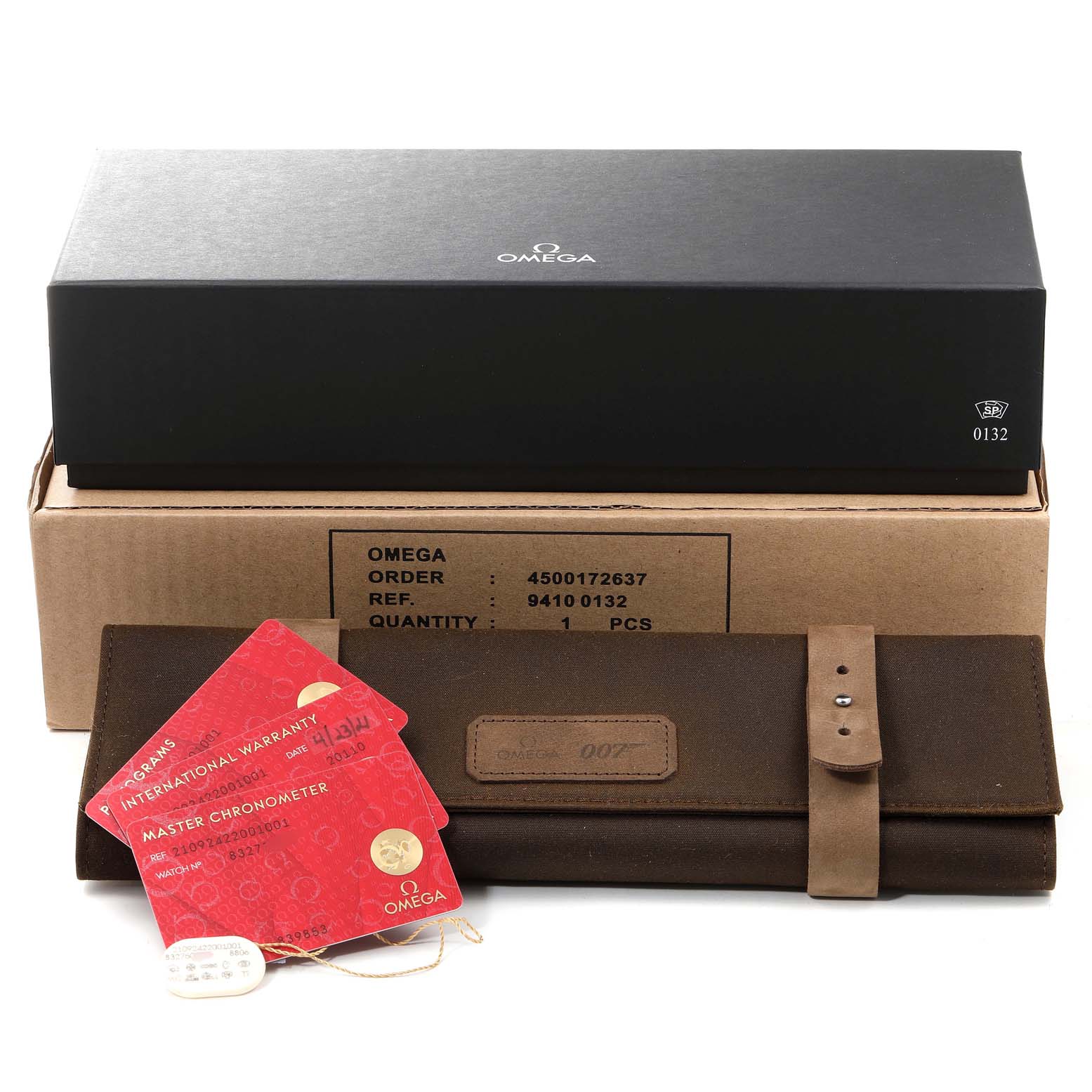 The image shows packaging accessories for an Omega Seamaster 210.92.42.20.01.001 Men's Titanium Brown Dial 210.92.42.20.01.001 Men's Titanium Brown Dial, including a box, a pouch, and warranty cards.