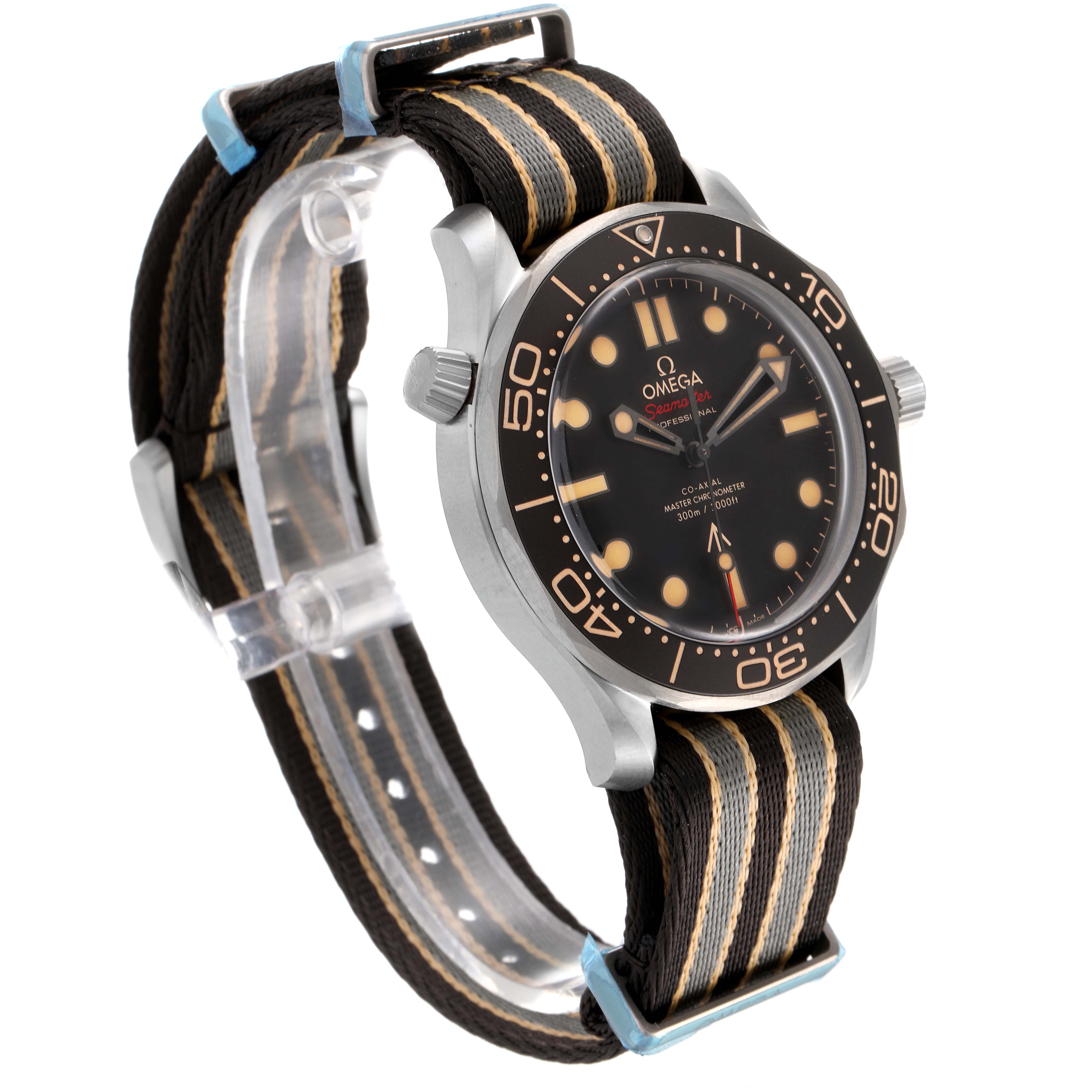 The Omega Seamaster 210.92.42.20.01.001 Men's Titanium Brown Dial 210.92.42.20.01.001 Men's Titanium Brown Dial watch is shown at an angle highlighting its black dial, bezel, case, and NATO strap.