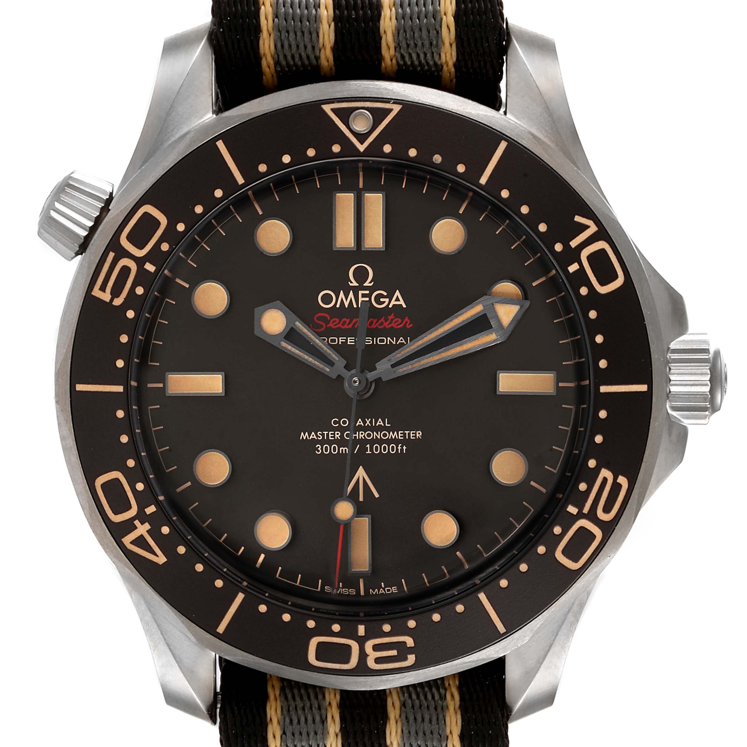 The Omega Seamaster 210.92.42.20.01.001 Men's Titanium Brown Dial 210.92.42.20.01.001 Men's Titanium Brown Dial watch is shown from the front, displaying its face, bezel, and strap.