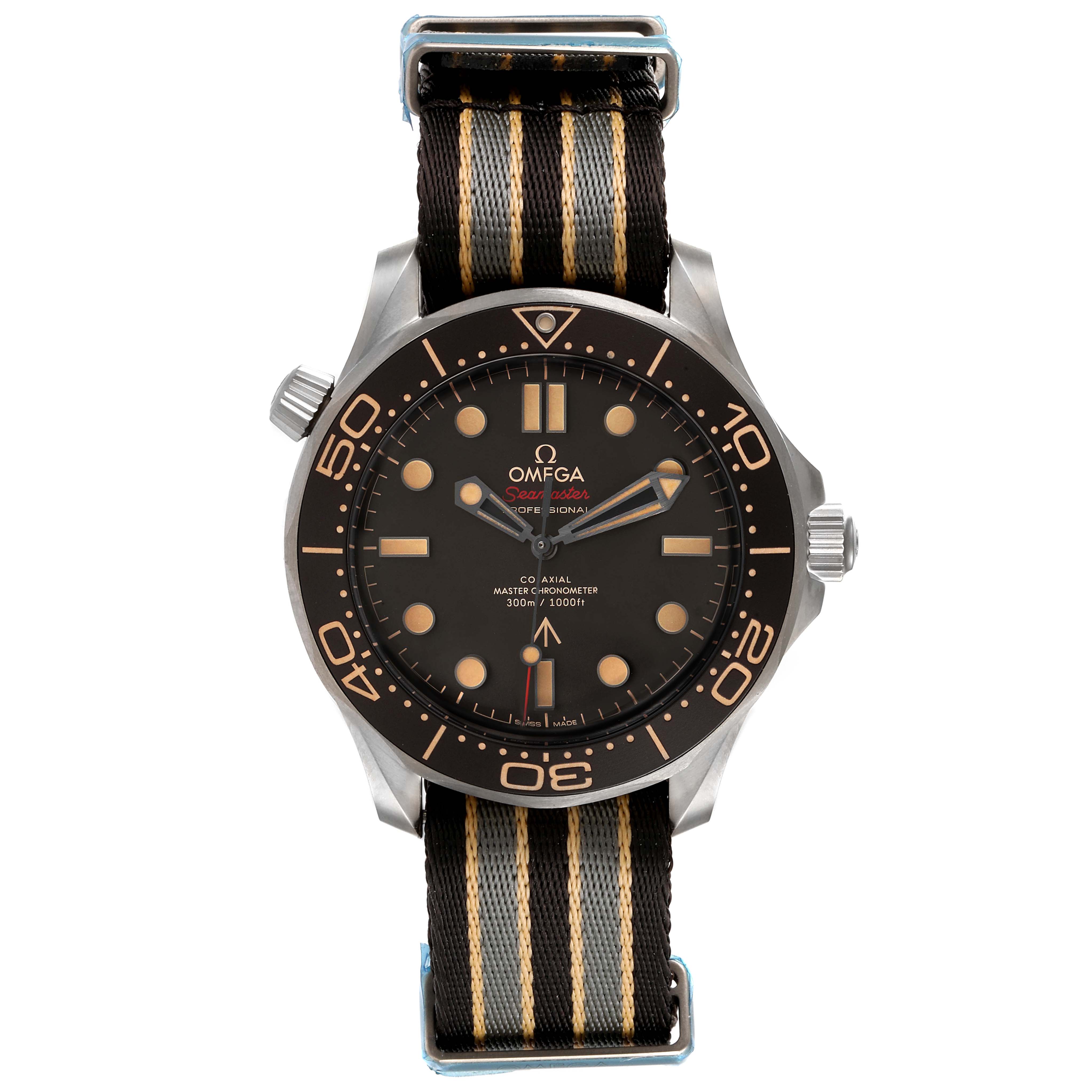 The image shows a front view of the Omega Seamaster 210.92.42.20.01.001 Men's Titanium Brown Dial 210.92.42.20.01.001 Men's Titanium Brown Dial watch, displaying the watch face, bezel, crown, and a striped NATO strap.