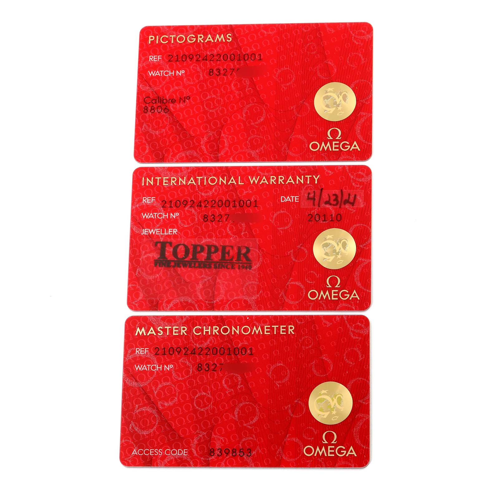 The image shows three Omega warranty cards for the Seamaster model: Pictograms, International Warranty, and Master Chronometer.