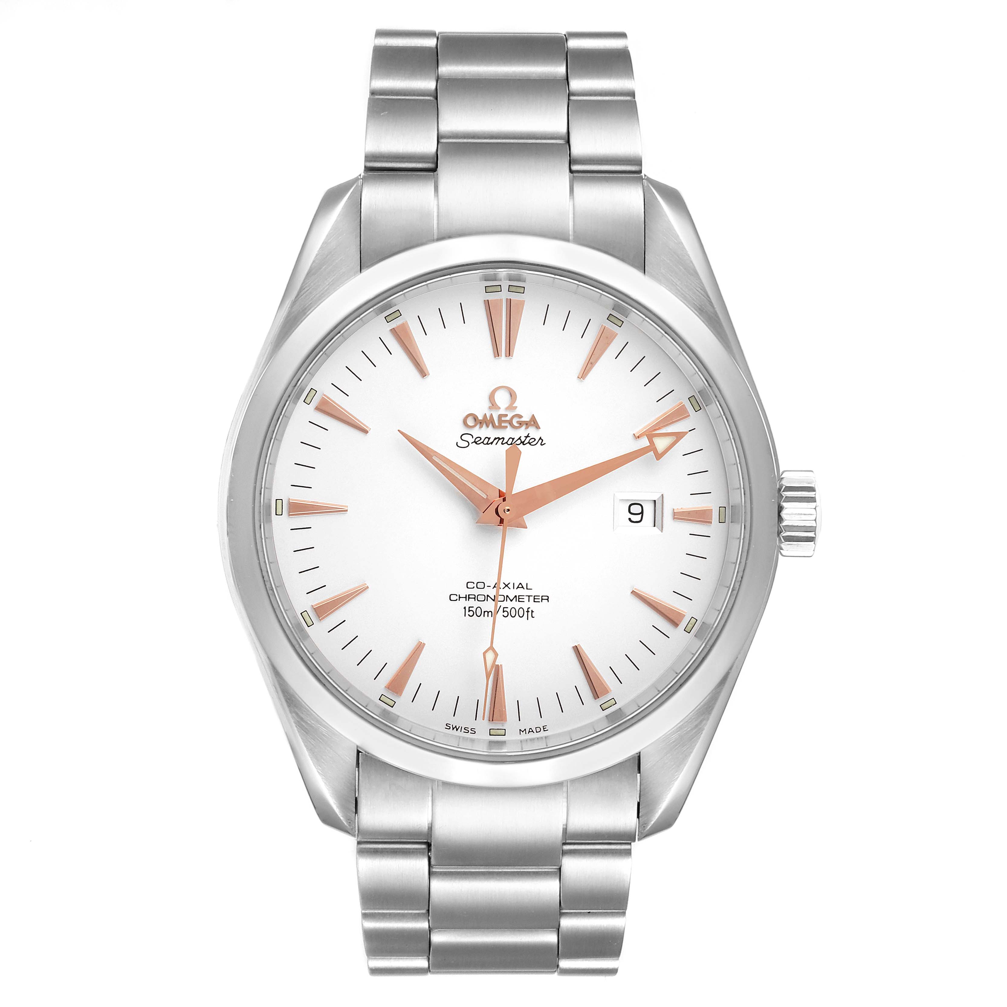 This image shows a front view of the Omega Aqua Terra 2502.34.00 Men
s Stainless Steel Silver Dial 2502.34.00 Men
s Stainless Steel Silver Dial watch, displaying the face, hands, and bracelet.