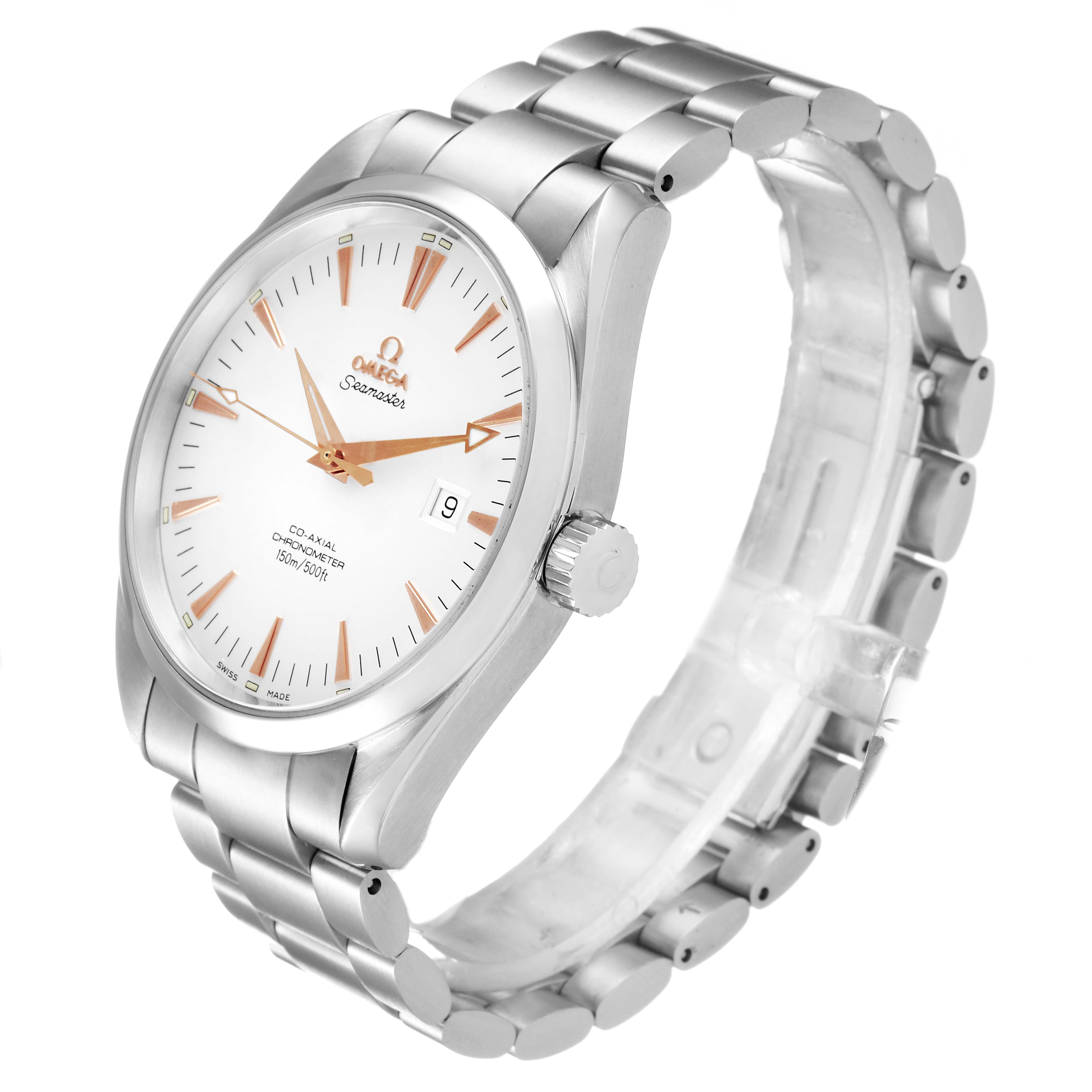 The image shows an Omega Aqua Terra 2502.34.00 Men
s Stainless Steel Silver Dial 2502.34.00 Men
s Stainless Steel Silver Dial watch viewed from a front-side angle, displaying the face, bezel, crown, and bracelet.