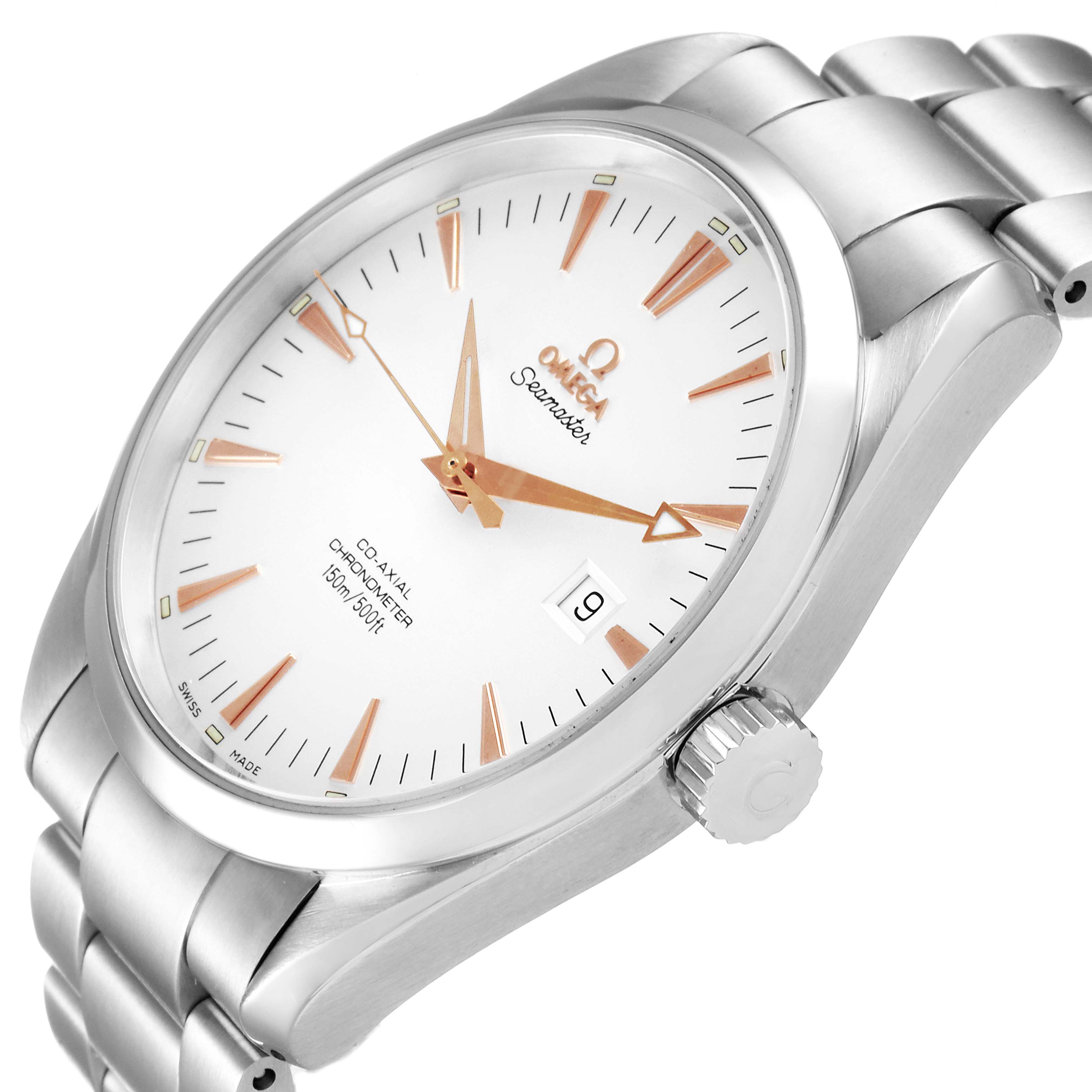 This image showcases the Omega Aqua Terra 2502.34.00 Men
s Stainless Steel Silver Dial 2502.34.00 Men
s Stainless Steel Silver Dial watch from an angled top view, highlighting the dial, bezel, crown, and part of the bracelet.