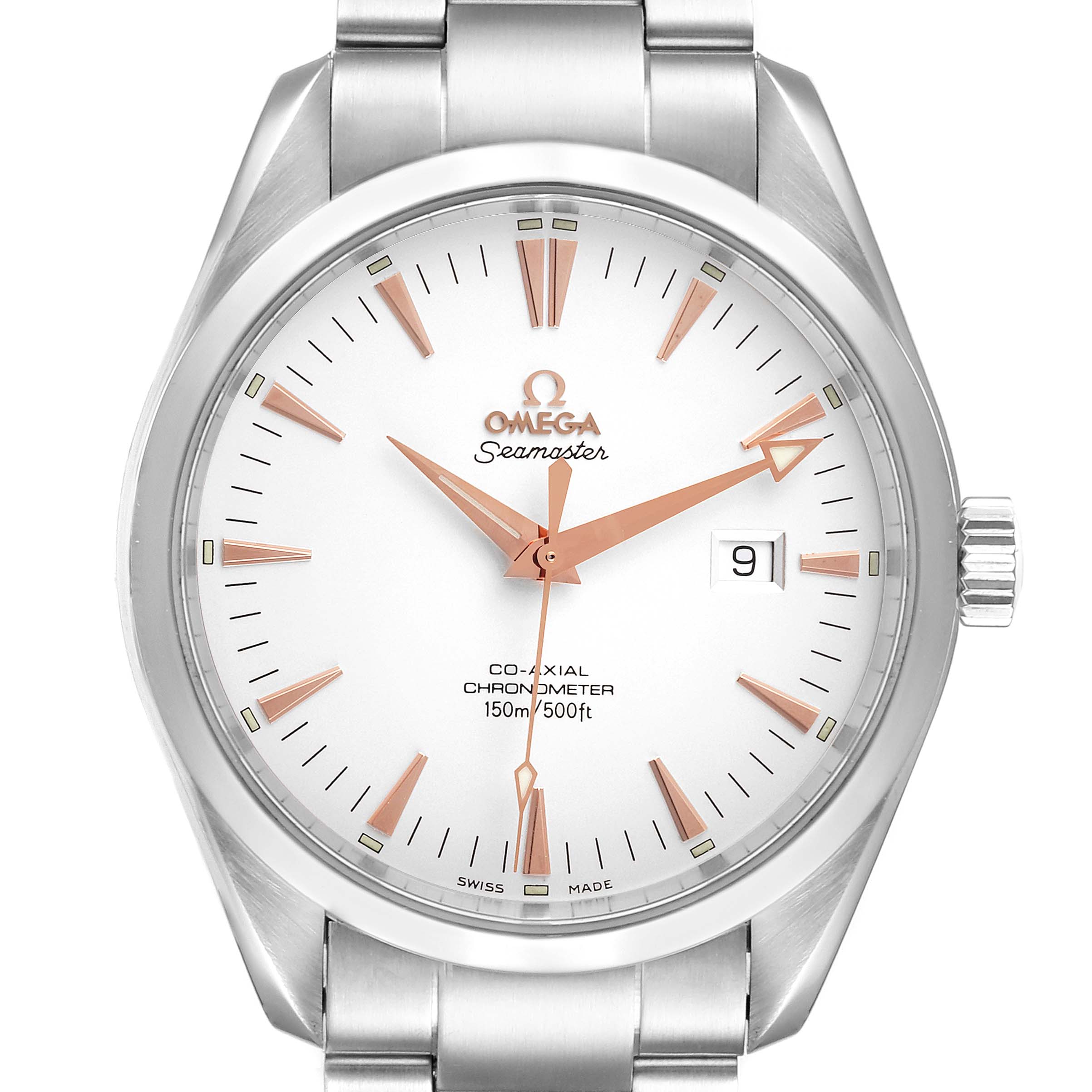 The image shows a frontal view of the Omega Aqua Terra 2502.34.00 Men
s Stainless Steel Silver Dial 2502.34.00 Men
s Stainless Steel Silver Dial watch, displaying the face, hour markers, date window, and part of the stainless steel bracelet.