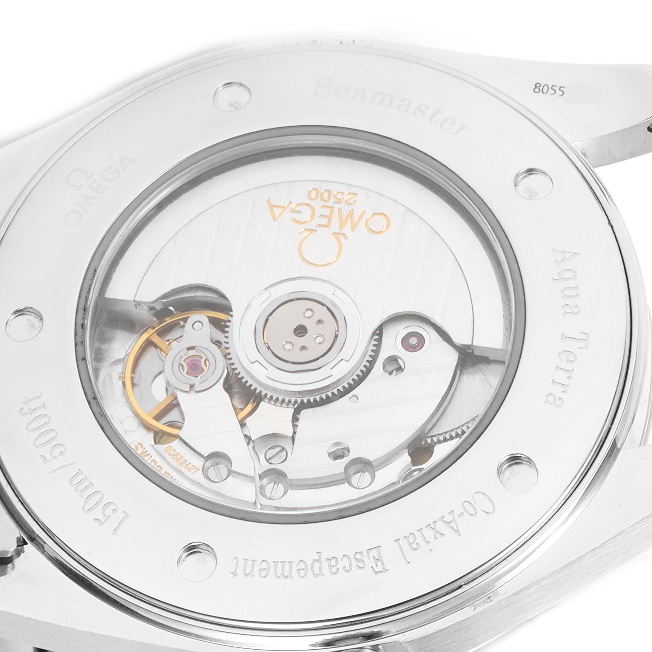 The image shows the case back of an Omega Aqua Terra 2502.34.00 Men
s Stainless Steel Silver Dial 2502.34.00 Men
s Stainless Steel Silver Dial watch, revealing its Co-Axial escapement movement.