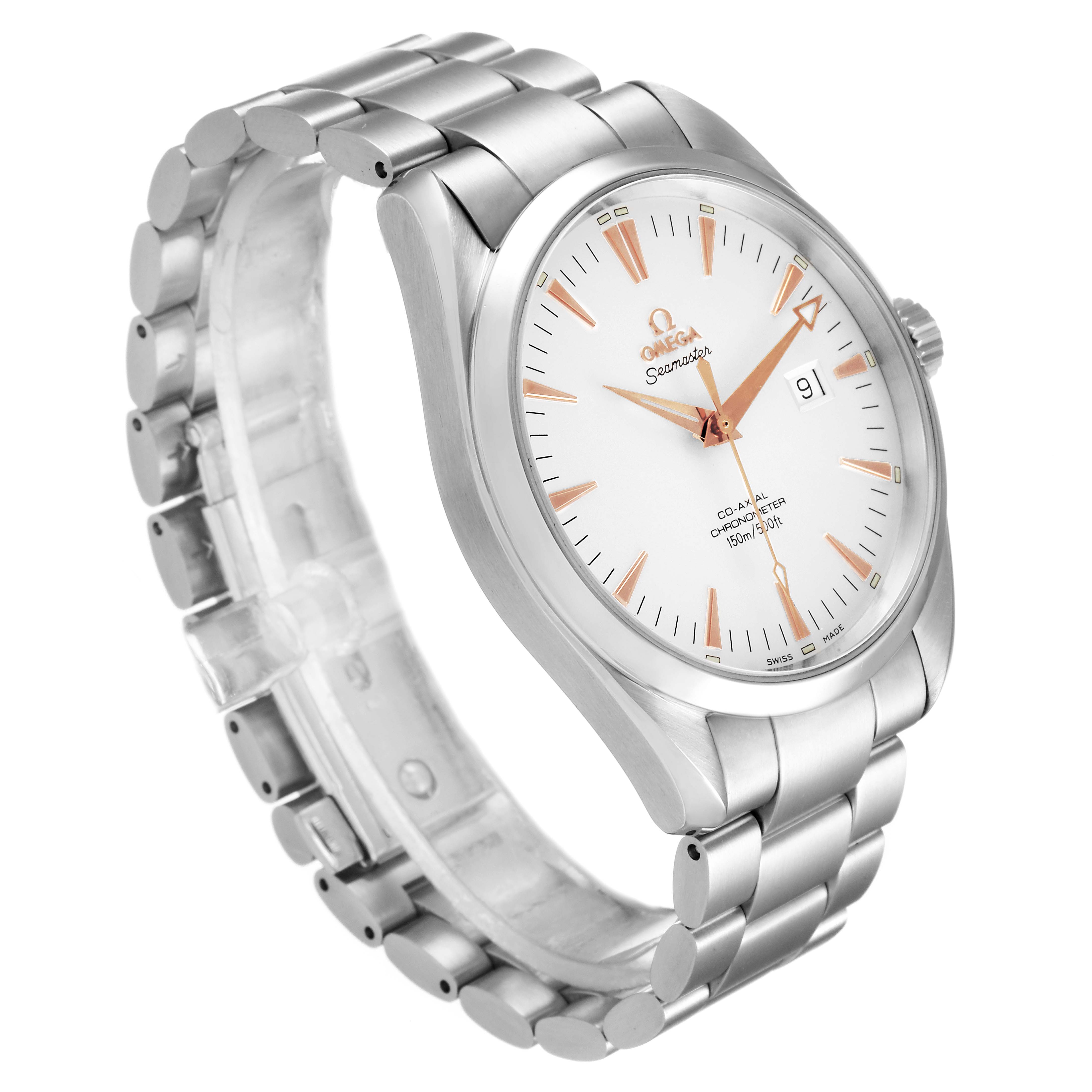 This Omega Aqua Terra 2502.34.00 Men
s Stainless Steel Silver Dial 2502.34.00 Men
s Stainless Steel Silver Dial watch is shown at a three-quarter angle displaying its face, bracelet, and crown.