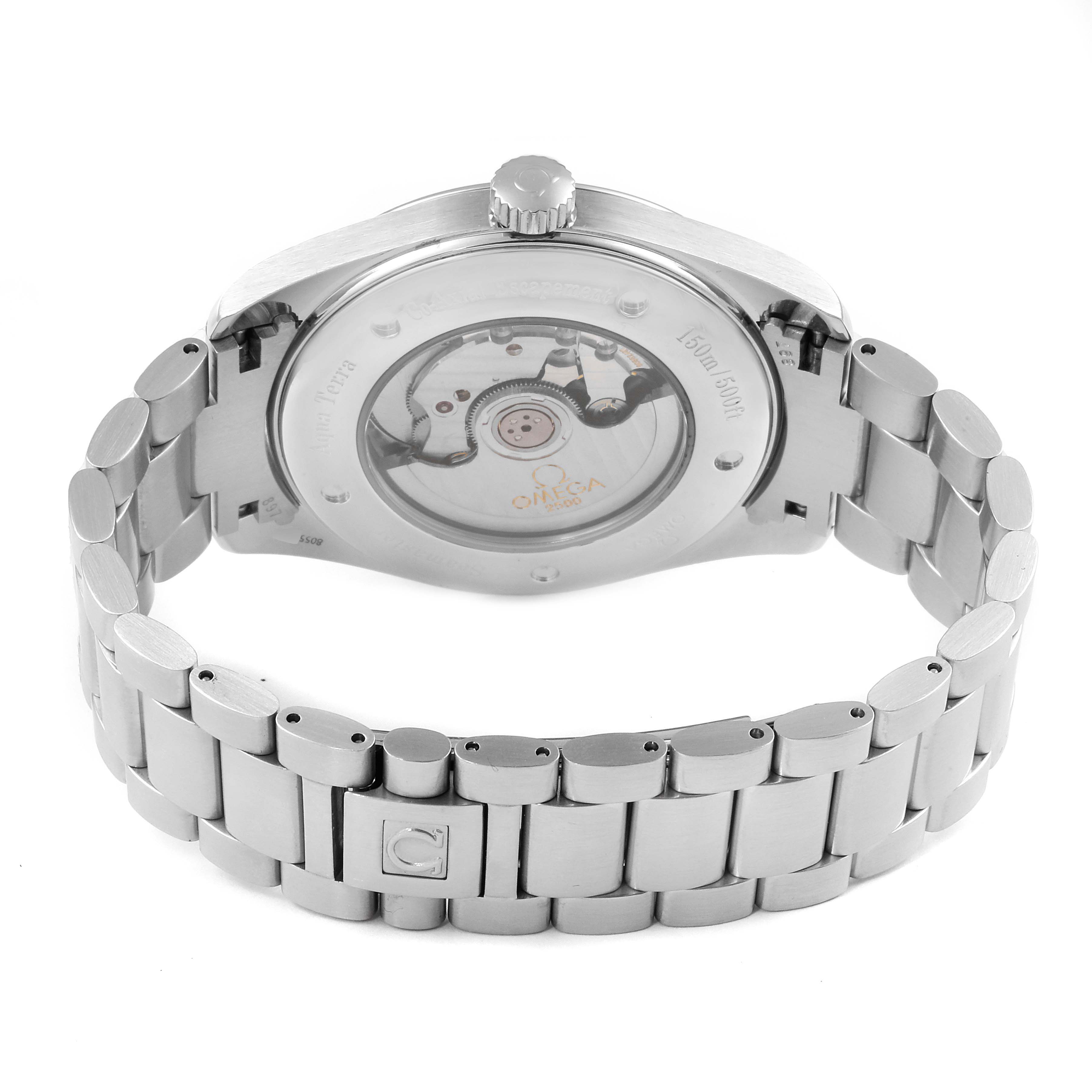 This image shows the back view of the Omega Aqua Terra 2502.34.00 Men
s Stainless Steel Silver Dial 2502.34.00 Men
s Stainless Steel Silver Dial watch, highlighting its bracelet and transparent case back.