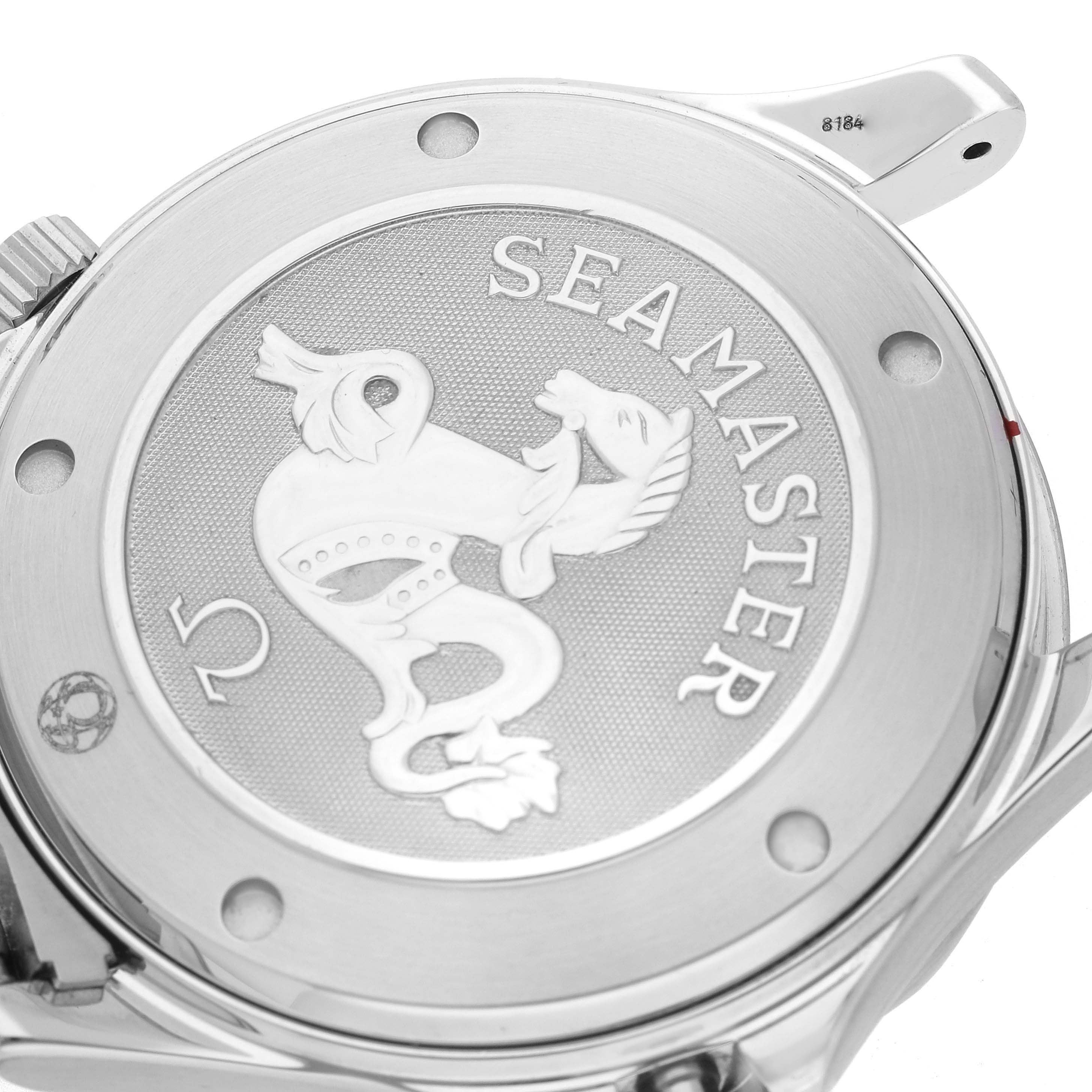 The image shows the case back of an Omega Seamaster 2220.80.00 Men
s Stainless Steel Blue Dial 2220.80.00 Men
s Stainless Steel Blue Dial watch featuring the emblem and branding.