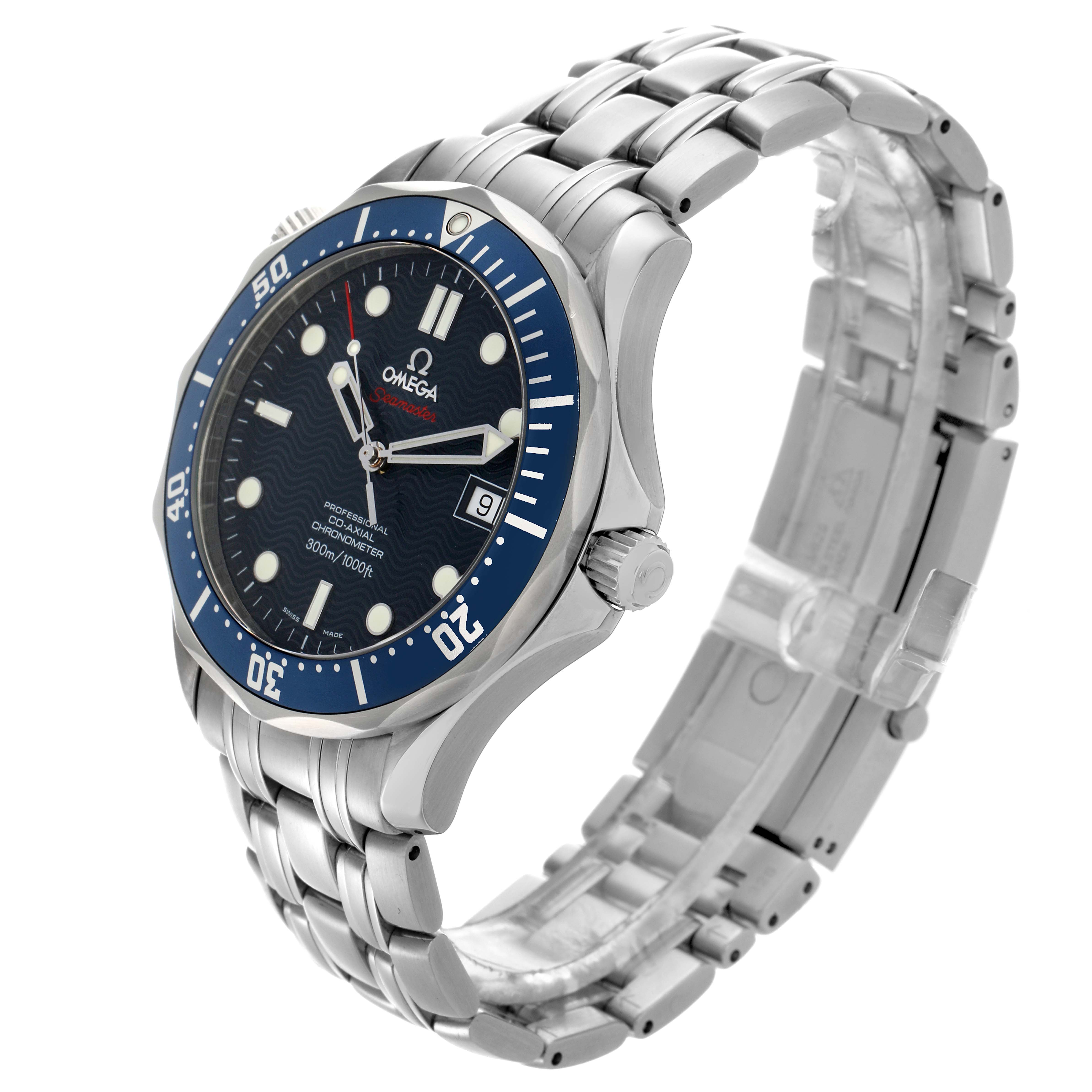 The Omega Seamaster 2220.80.00 Men
s Stainless Steel Blue Dial 2220.80.00 Men
s Stainless Steel Blue Dial is shown at an oblique angle, highlighting the dial, bezel, crown, and stainless steel bracelet.