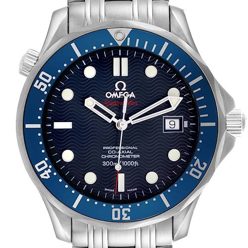The Omega Seamaster 2220.80.00 Men
s Stainless Steel Blue Dial 2220.80.00 Men
s Stainless Steel Blue Dial watch is shown from a front view, highlighting the face, bezel, crown, and part of the bracelet.