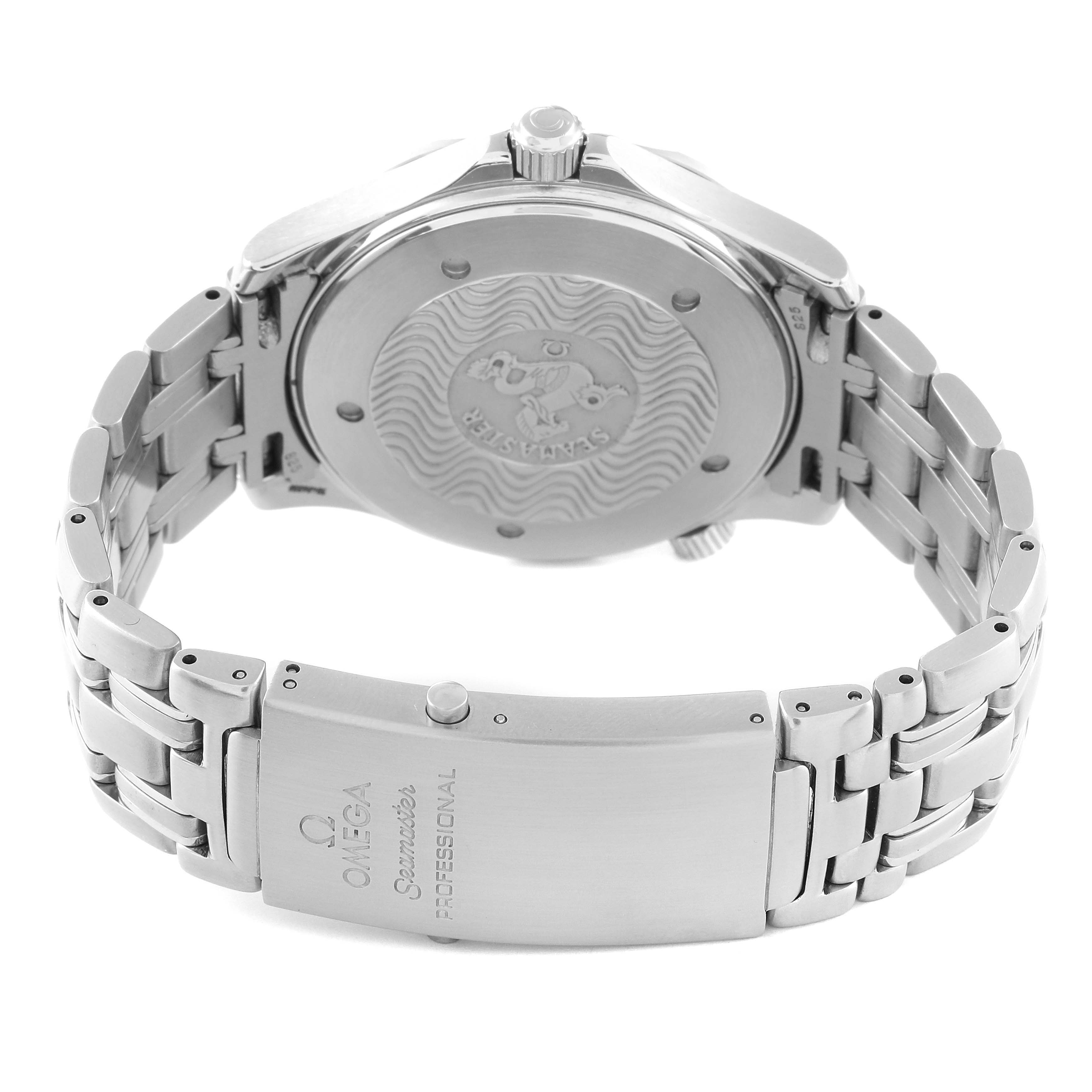 The image shows the back and clasp of an Omega Seamaster 2541.80.00 Men's Stainless Steel Blue Dial 2541.80.00 Men's Stainless Steel Blue Dial watch from an angled rear view.