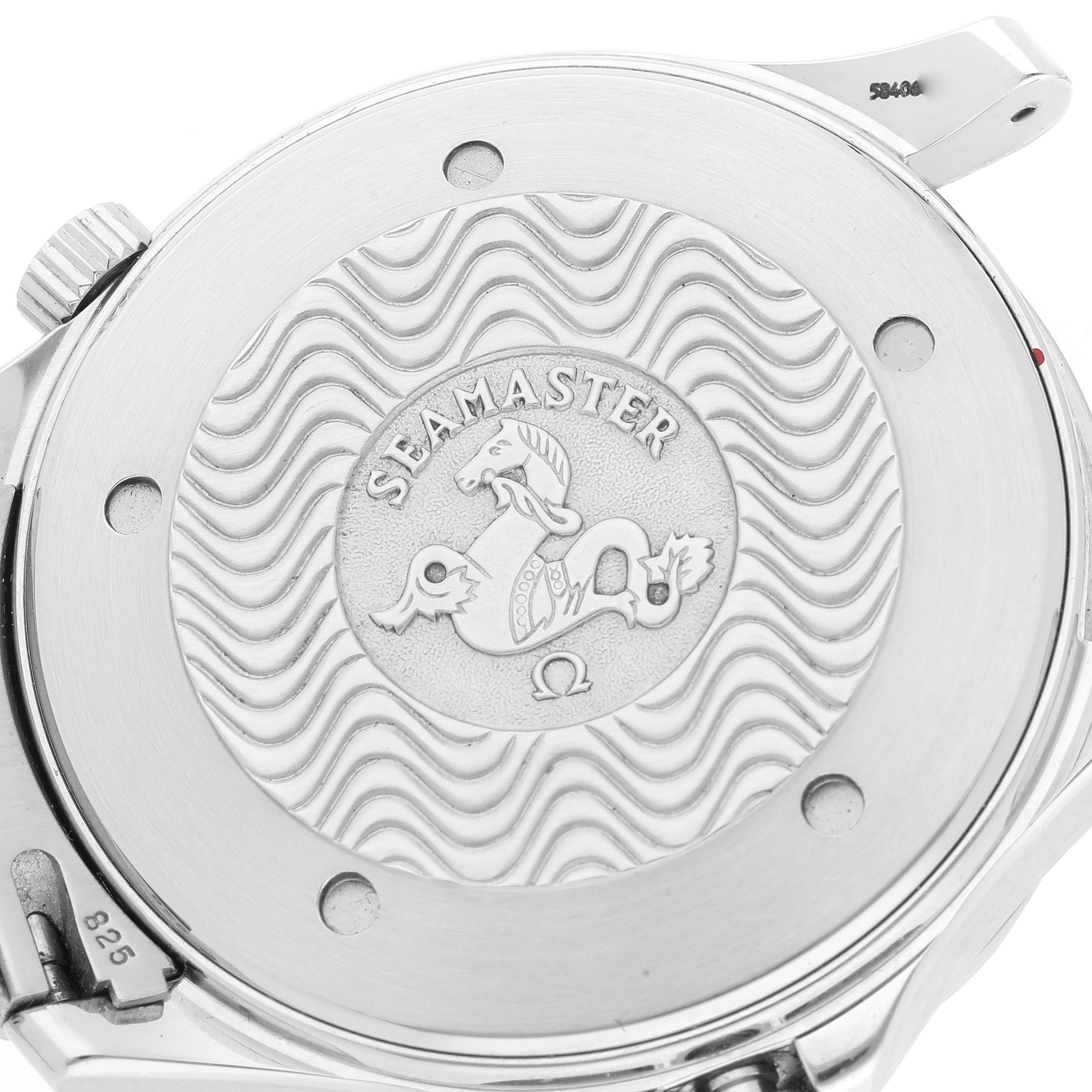 The image shows the back case of an Omega Seamaster 2541.80.00 Men's Stainless Steel Blue Dial 2541.80.00 Men's Stainless Steel Blue Dial watch, featuring the engraved logo.