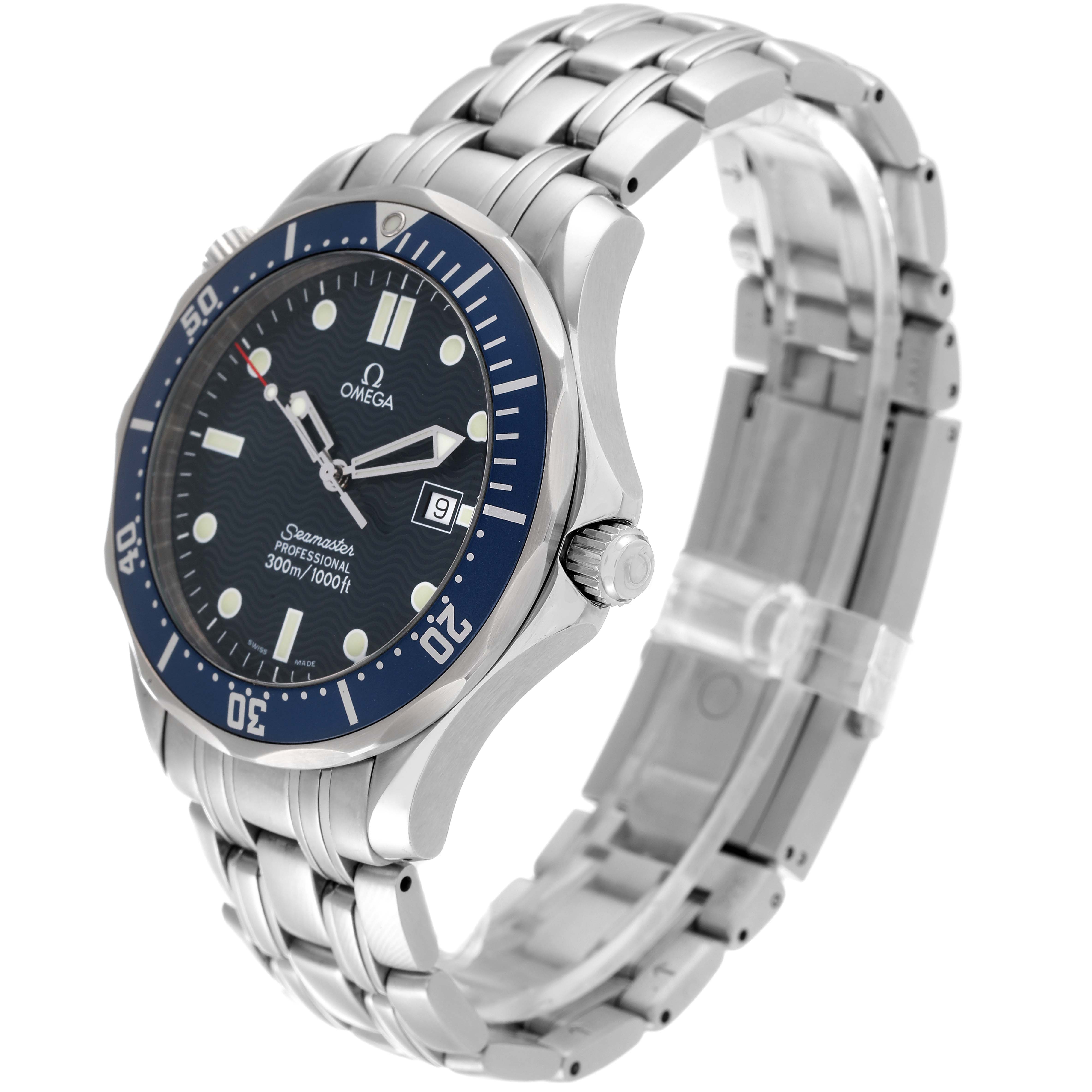 The image shows an angled view of the Omega Seamaster 2541.80.00 Men's Stainless Steel Blue Dial 2541.80.00 Men's Stainless Steel Blue Dial watch, focusing on the face, bezel, crown, and stainless steel bracelet.
