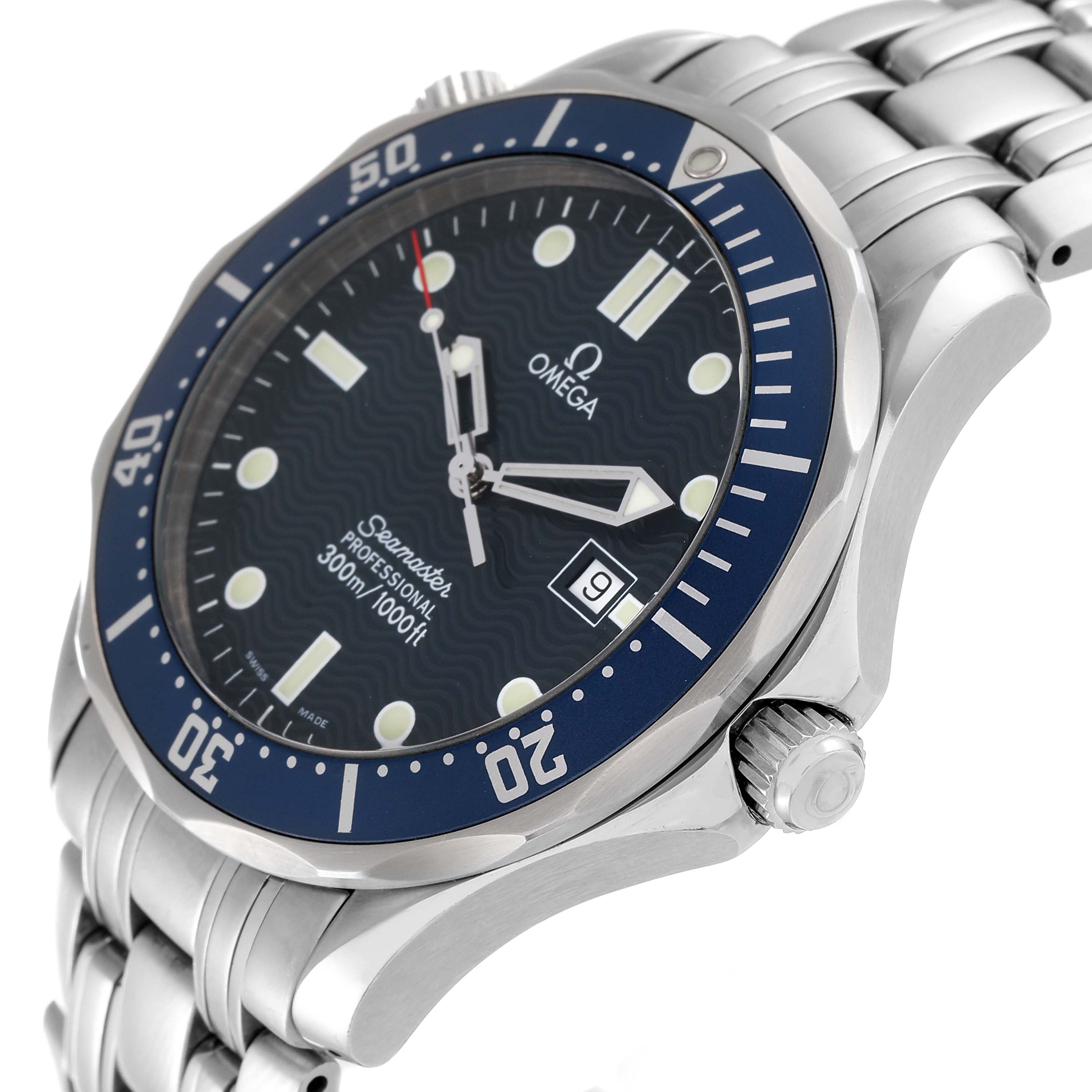 The image shows a side angle of the Omega Seamaster 2541.80.00 Men's Stainless Steel Blue Dial 2541.80.00 Men's Stainless Steel Blue Dial watch, displaying its blue bezel, crown, and bracelet.