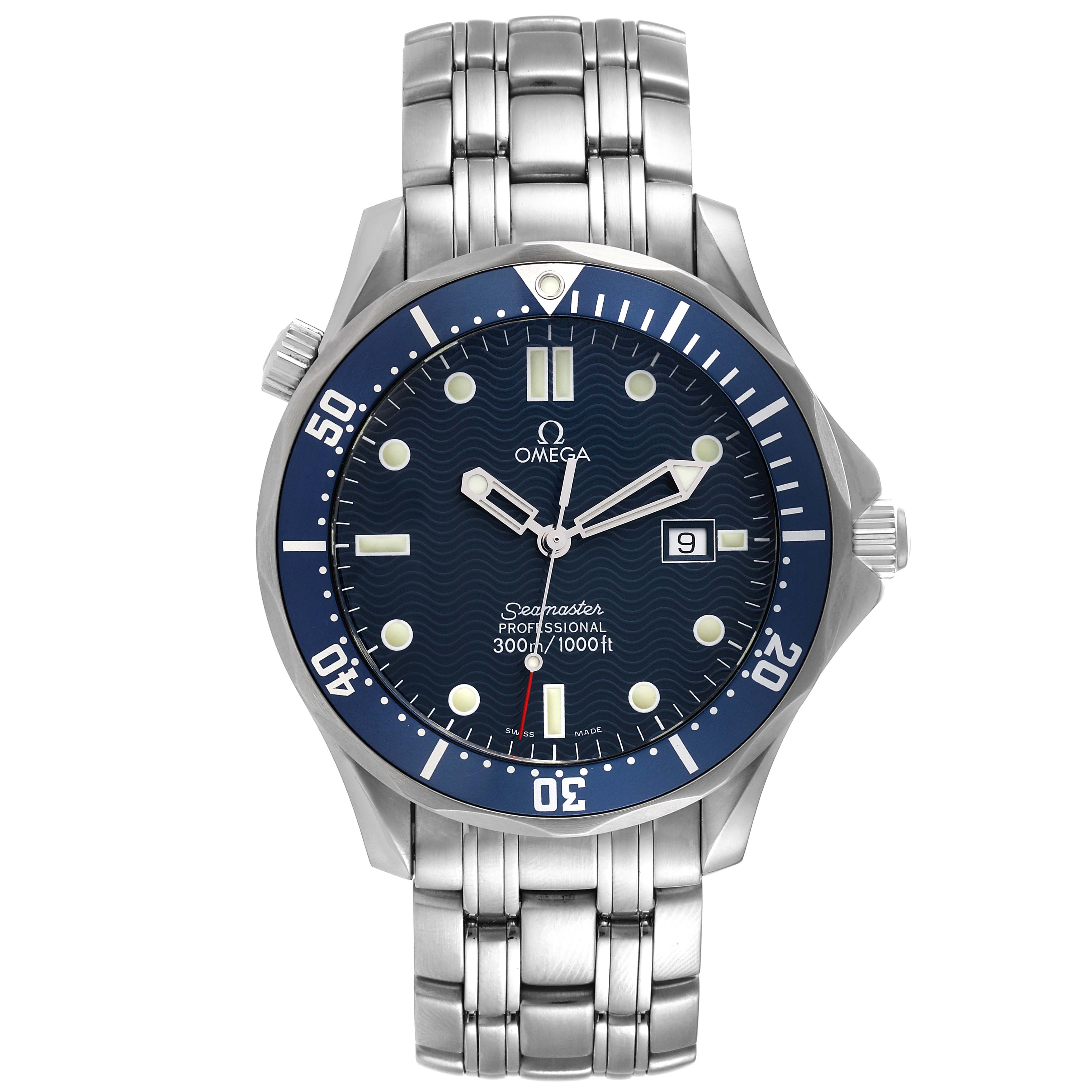 The image shows a front view of an Omega Seamaster 2541.80.00 Men's Stainless Steel Blue Dial 2541.80.00 Men's Stainless Steel Blue Dial watch, displaying its face, bezel, and metal bracelet.