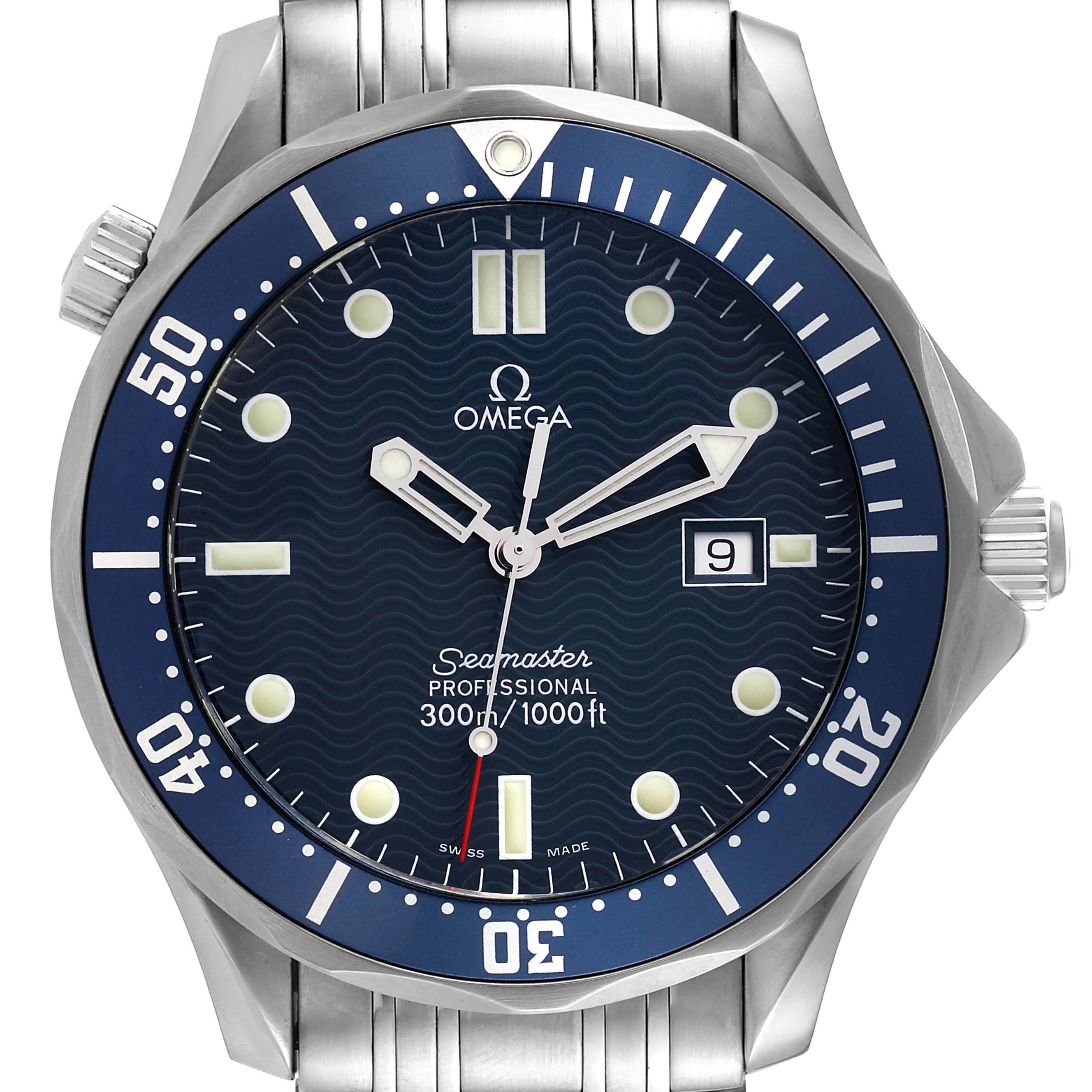This image shows a front view of the Omega Seamaster 2541.80.00 Men's Stainless Steel Blue Dial 2541.80.00 Men's Stainless Steel Blue Dial Professional watch, highlighting the dial, bezel, crown, and bracelet.