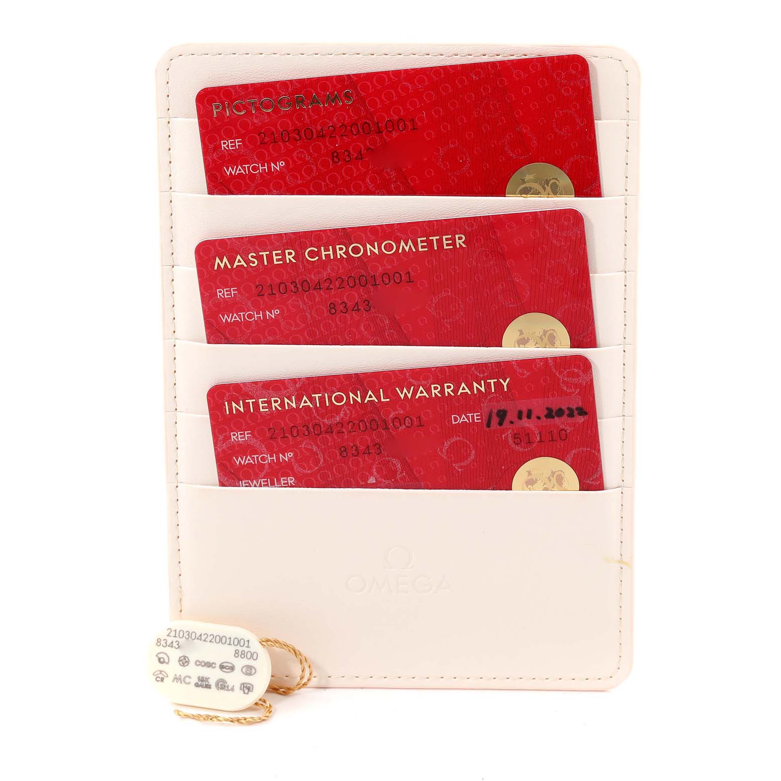 This image shows Omega Seamaster 210.30.42.20.01.001 Men's Stainless Steel Black Dial 210.30.42.20.01.001 Men's Stainless Steel Black Dial model cards for pictograms, master chronometer, and international warranty in a holder.