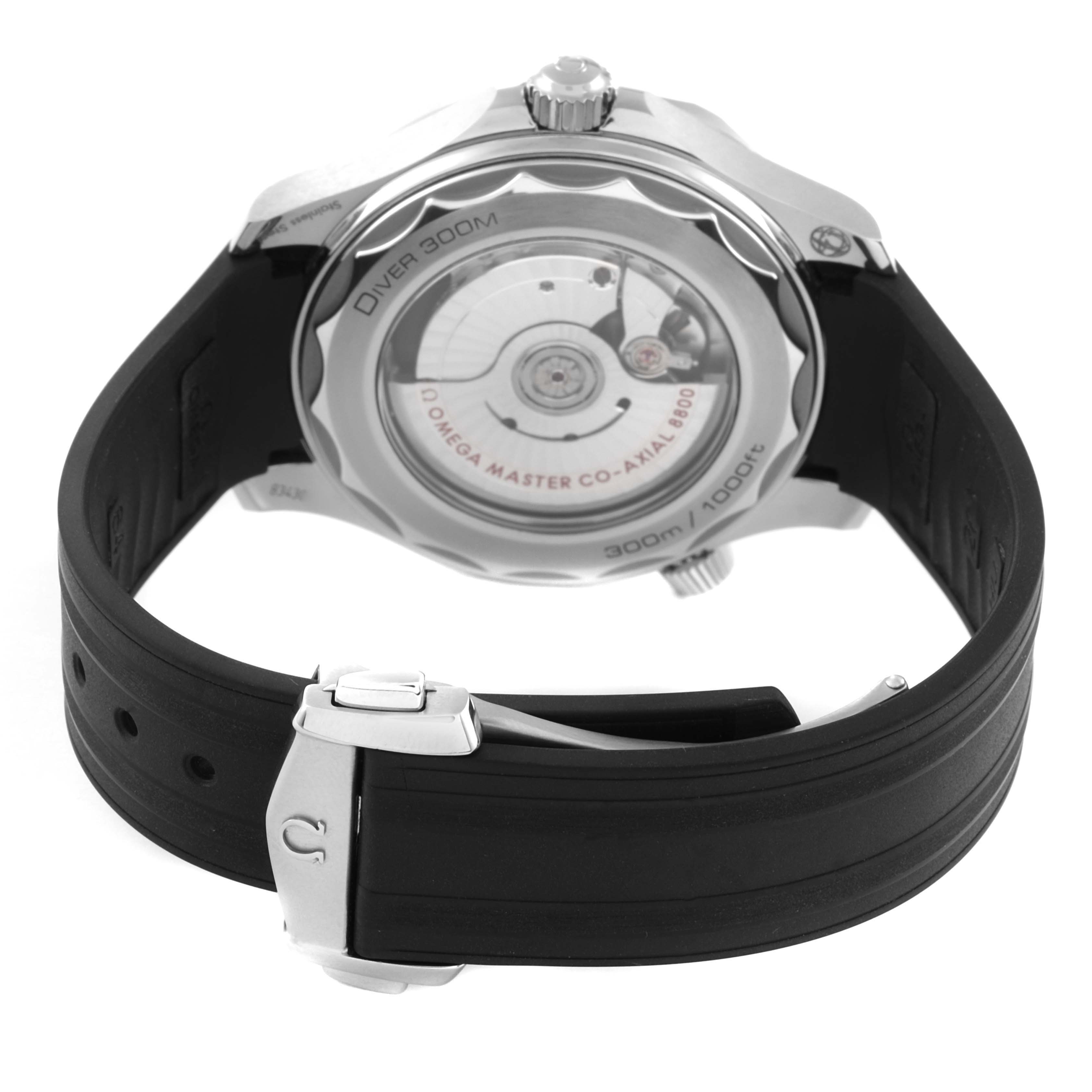 The image shows the back angle of an Omega Seamaster 210.30.42.20.01.001 Men's Stainless Steel Black Dial 210.30.42.20.01.001 Men's Stainless Steel Black Dial watch, highlighting the movement and rubber strap.