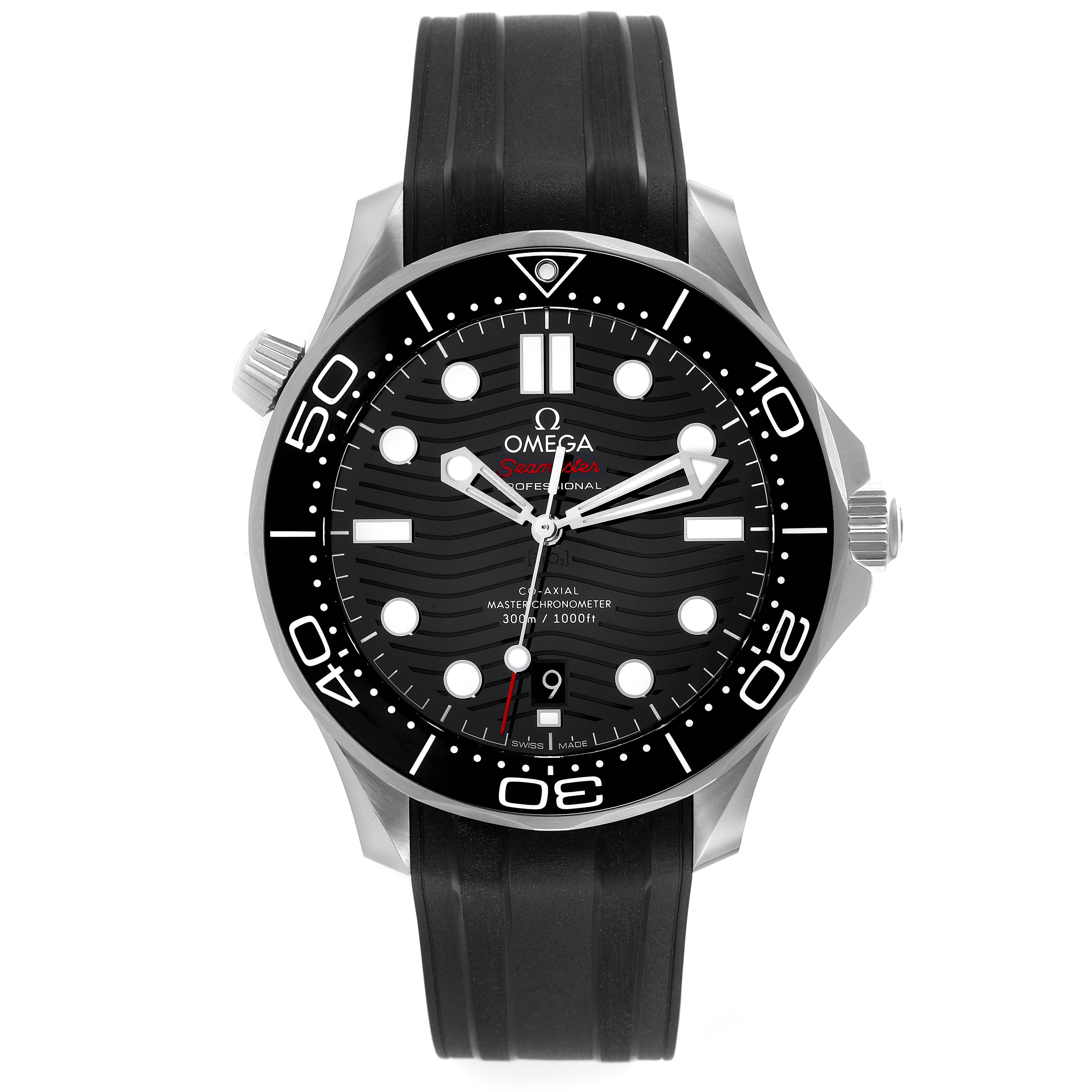 The image shows a front view of the Omega Seamaster 210.30.42.20.01.001 Men's Stainless Steel Black Dial 210.30.42.20.01.001 Men's Stainless Steel Black Dial watch, highlighting its black dial, bezel, and rubber strap.