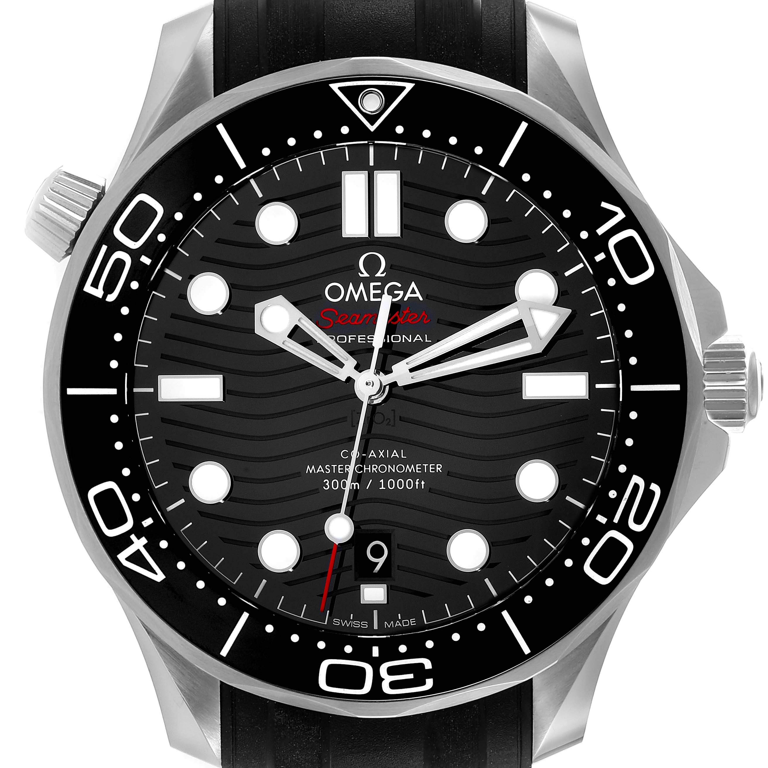 The image shows a front view of an Omega Seamaster 210.30.42.20.01.001 Men's Stainless Steel Black Dial 210.30.42.20.01.001 Men's Stainless Steel Black Dial watch, highlighting its face, hands, bezel, and crown.