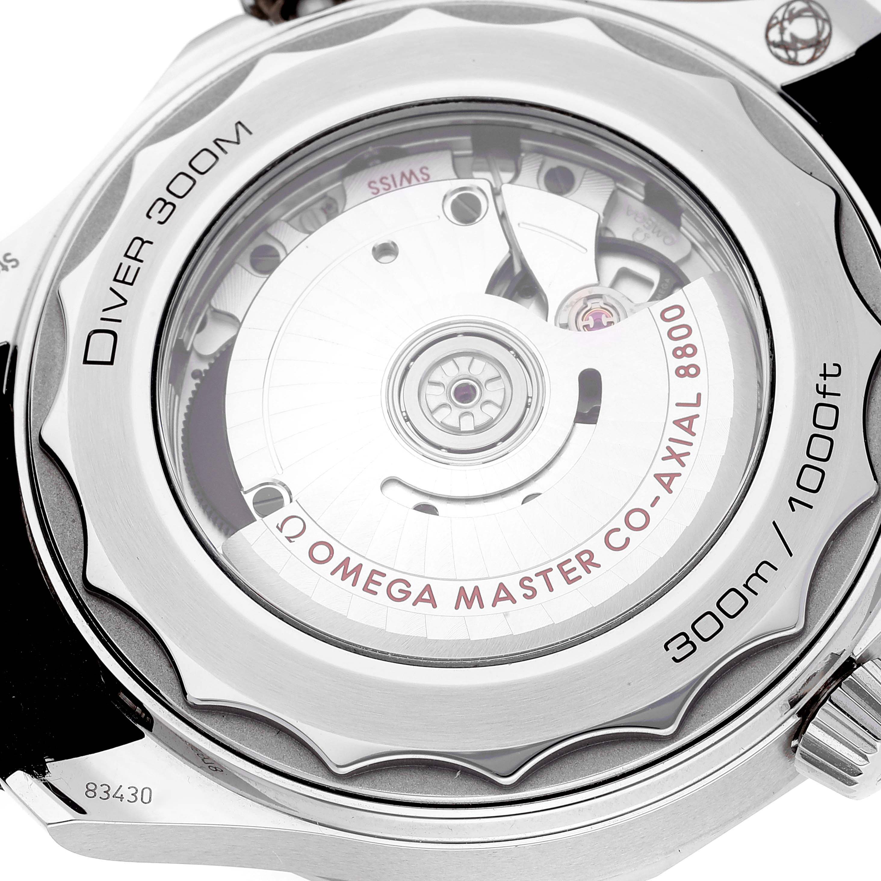 The image shows the back view of an Omega Seamaster 210.30.42.20.01.001 Men's Stainless Steel Black Dial 210.30.42.20.01.001 Men's Stainless Steel Black Dial Diver 300M, highlighting its movement mechanism and specifications.