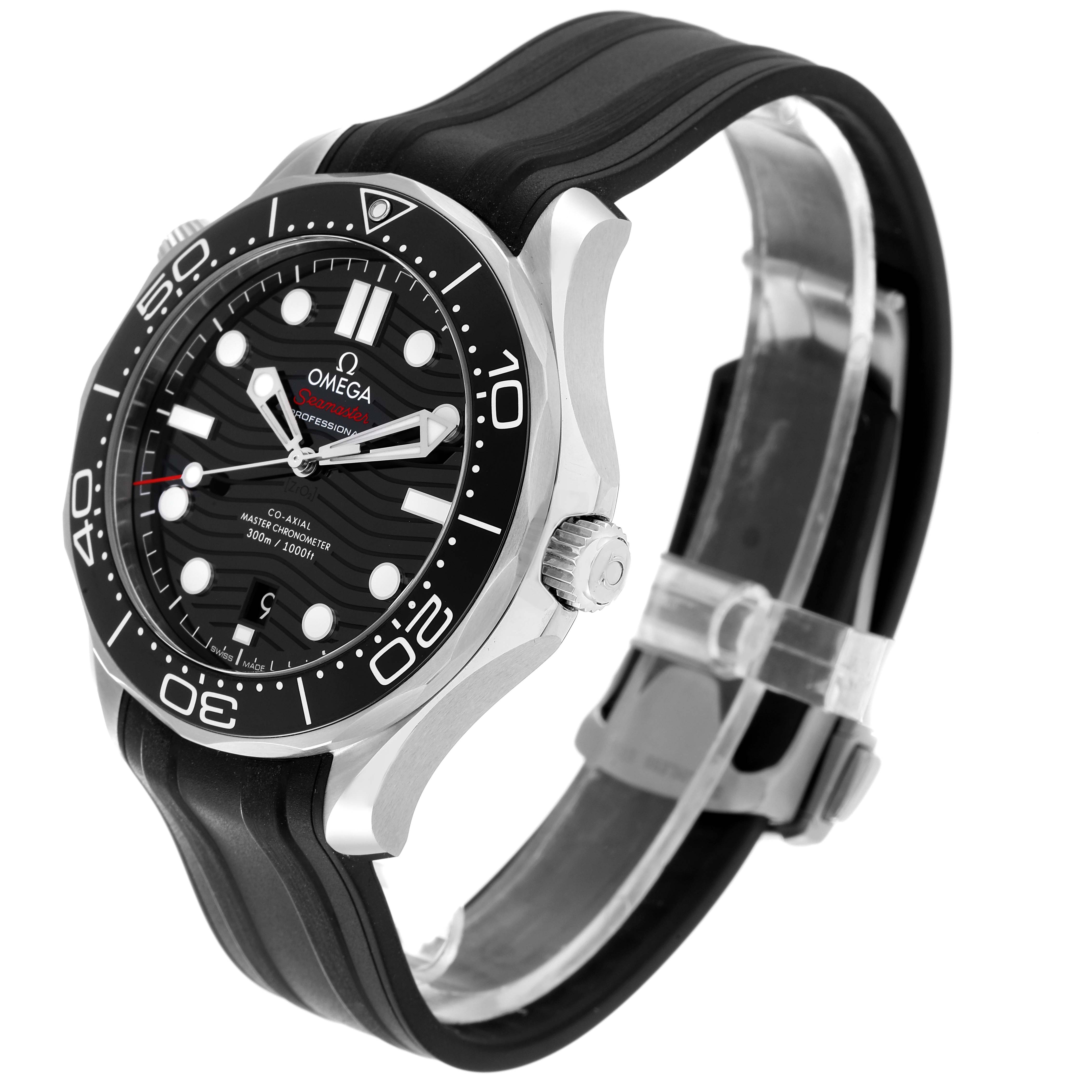 The Omega Seamaster 210.30.42.20.01.001 Men's Stainless Steel Black Dial 210.30.42.20.01.001 Men's Stainless Steel Black Dial watch is shown at a slight angle, displaying its face, bezel, crown, and black rubber strap.