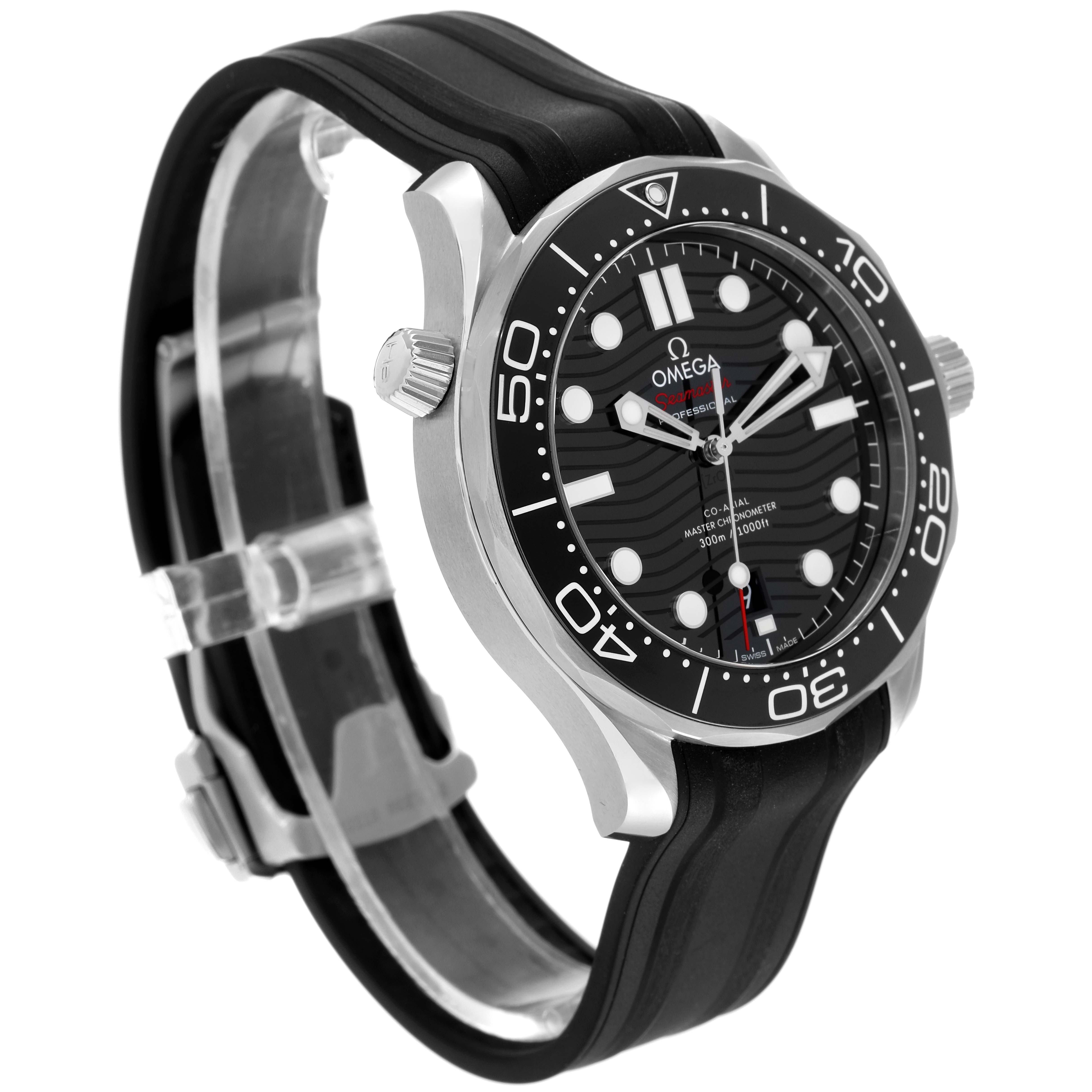 The image shows a side and front view of the Omega Seamaster 210.30.42.20.01.001 Men's Stainless Steel Black Dial 210.30.42.20.01.001 Men's Stainless Steel Black Dial watch with a black strap and bezel, highlighting its dial and case.