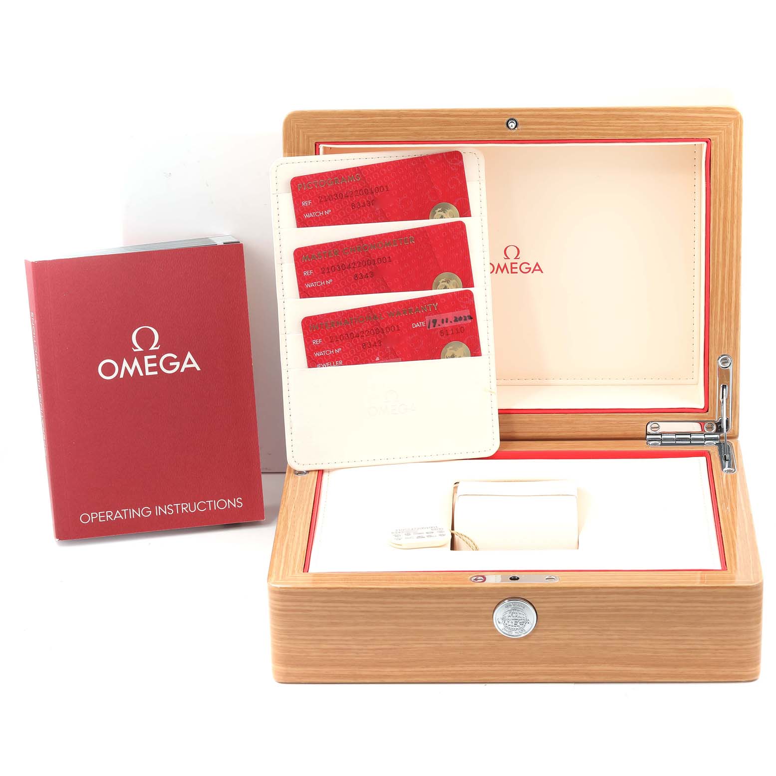 The image shows an Omega Seamaster 210.30.42.20.01.001 Men's Stainless Steel Black Dial 210.30.42.20.01.001 Men's Stainless Steel Black Dial watch box, warranty cards, and operating instructions booklet.