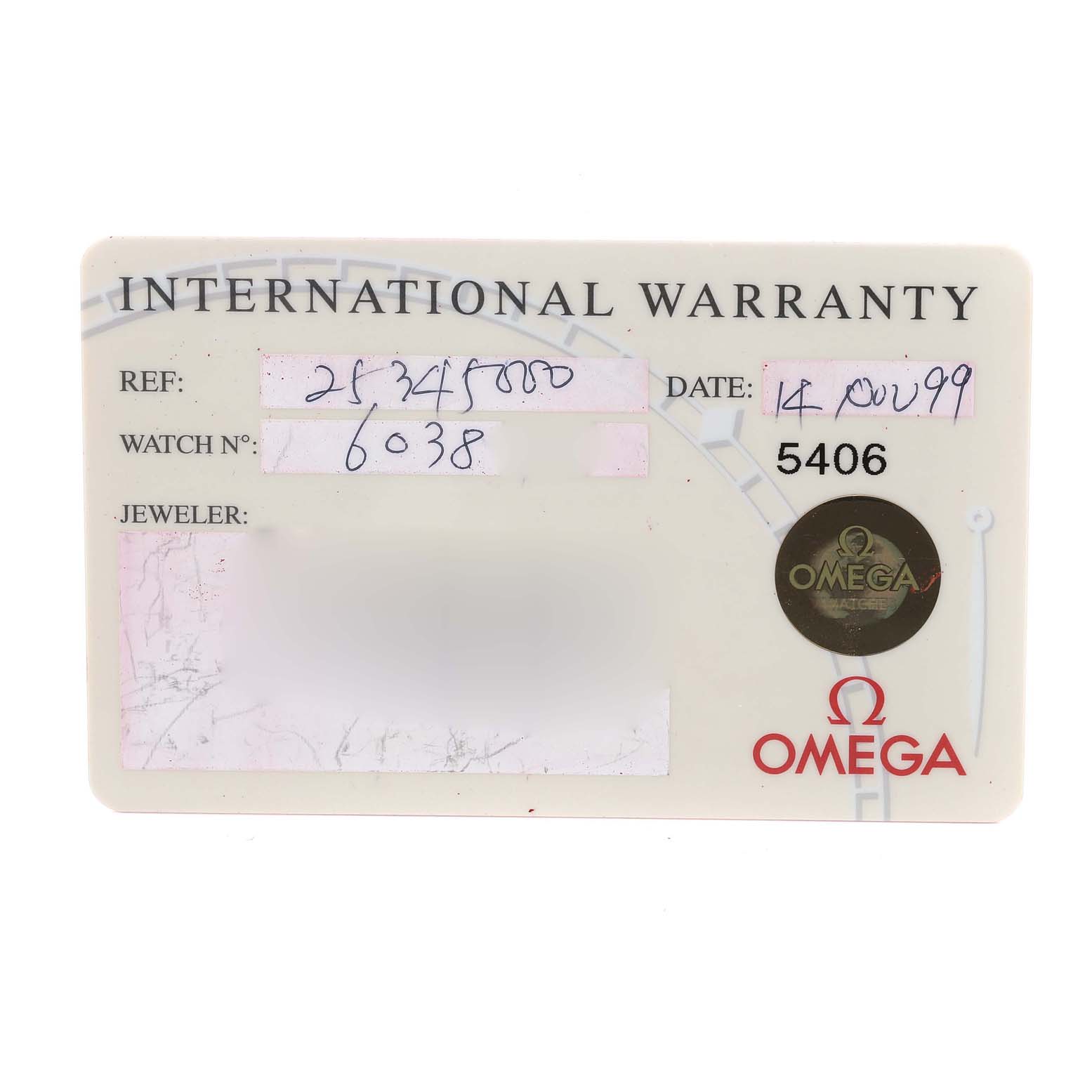 The image shows an International Warranty card for an Omega Seamaster 2534.50.00 Men's Stainless Steel Black Dial 2534.50.00 Men's Stainless Steel Black Dial watch.