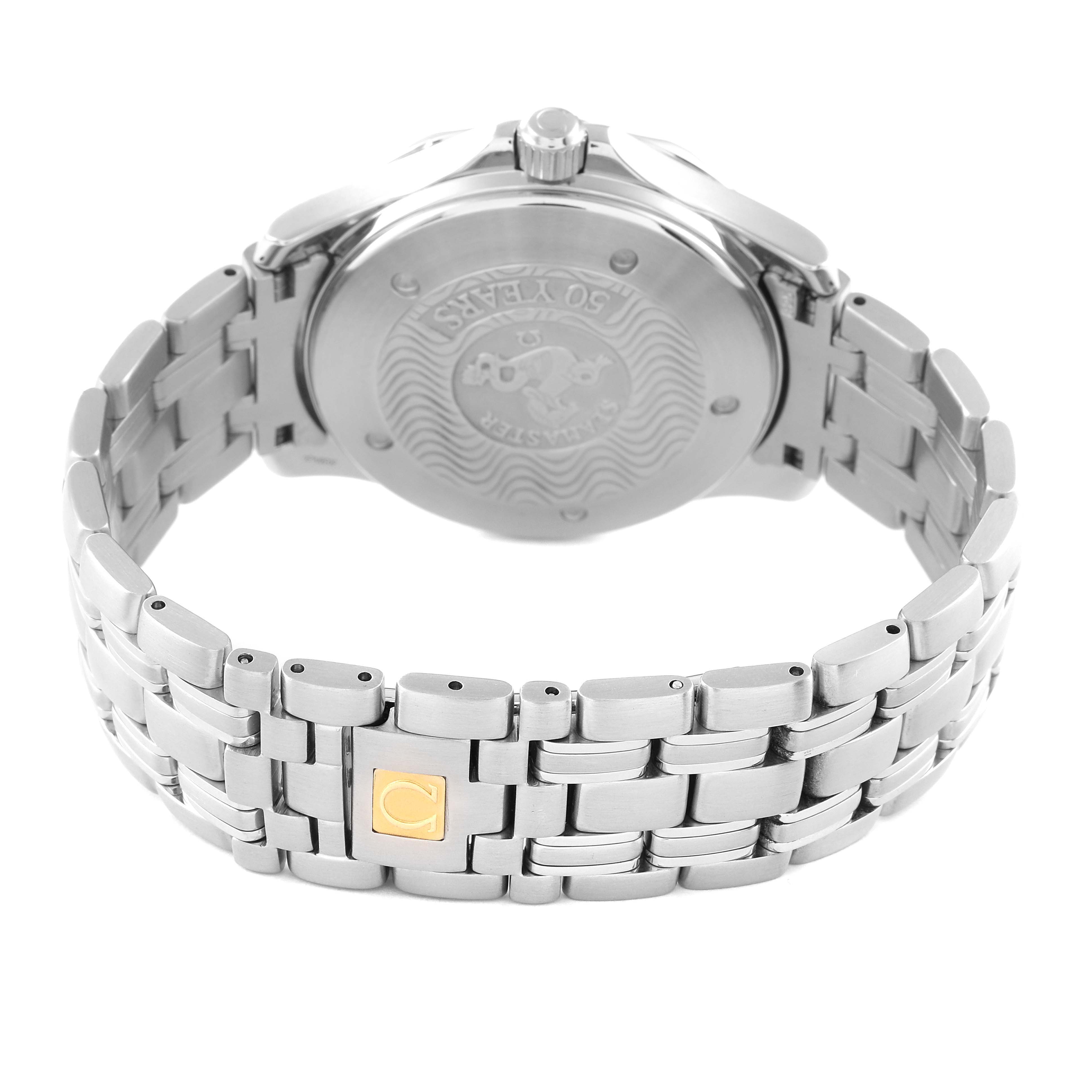 The image shows the back and bracelet of the Omega Seamaster 2534.50.00 Men's Stainless Steel Black Dial 2534.50.00 Men's Stainless Steel Black Dial watch, highlighting the clasp and case back.