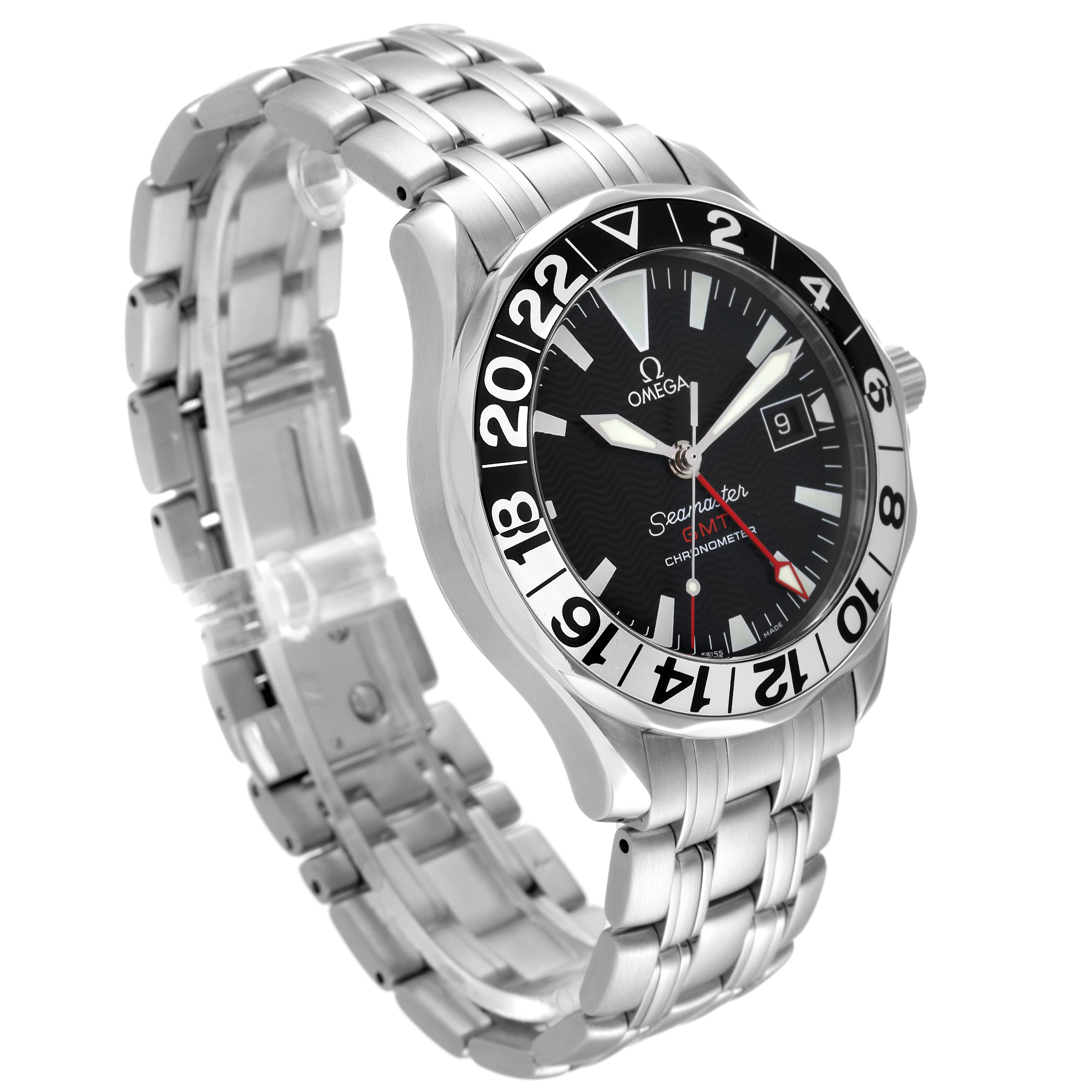 This Omega Seamaster 2534.50.00 Men's Stainless Steel Black Dial 2534.50.00 Men's Stainless Steel Black Dial watch is shown at a three-quarter angle, displaying the black dial, bezel, and stainless steel bracelet.