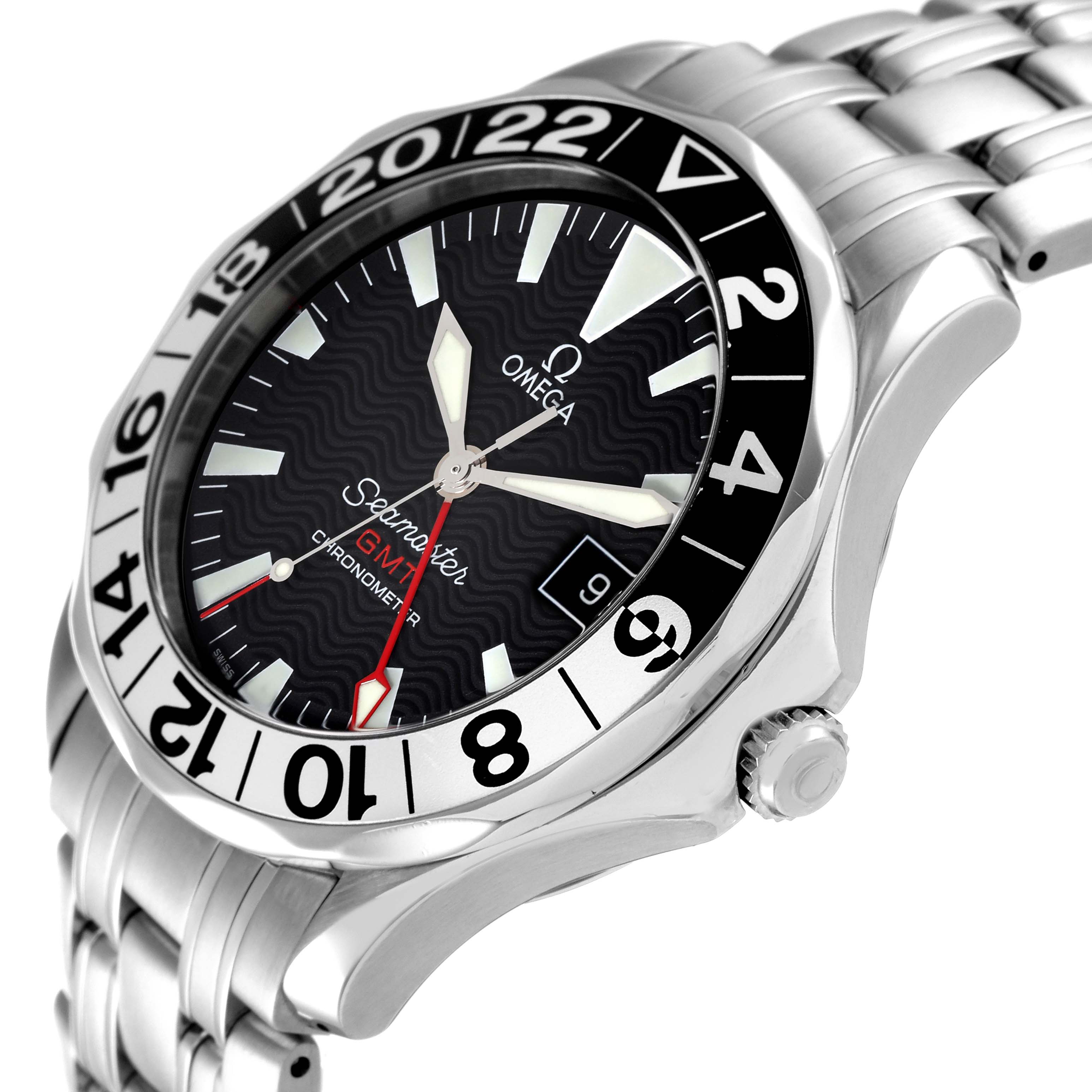 The Omega Seamaster 2534.50.00 Men's Stainless Steel Black Dial 2534.50.00 Men's Stainless Steel Black Dial GMT watch is shown at an angled, close-up view highlighting its face, bezel, crown, and bracelet.