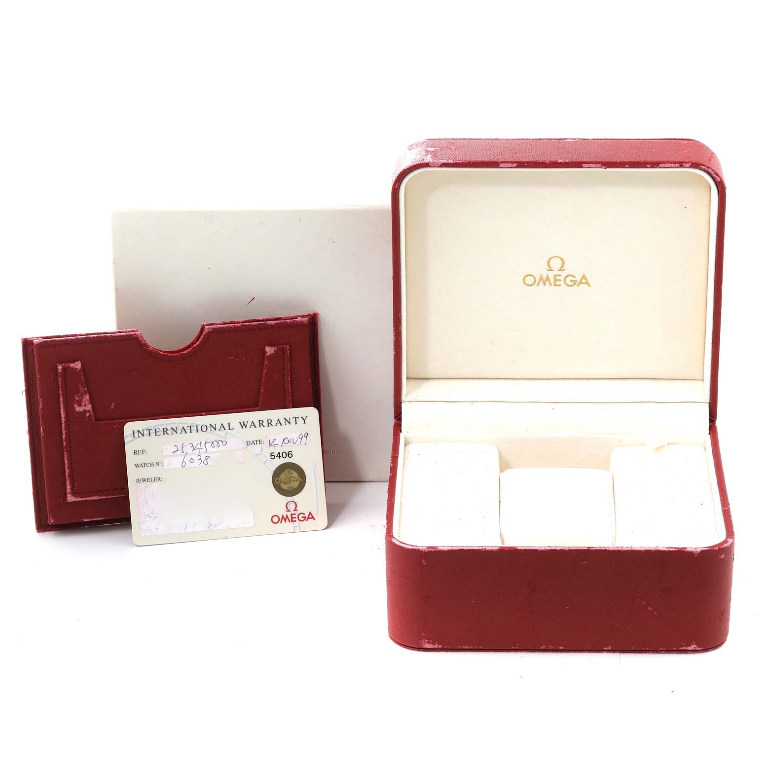 This image shows the packaging, warranty card, and interior box of an Omega Seamaster 2534.50.00 Men's Stainless Steel Black Dial 2534.50.00 Men's Stainless Steel Black Dial watch.